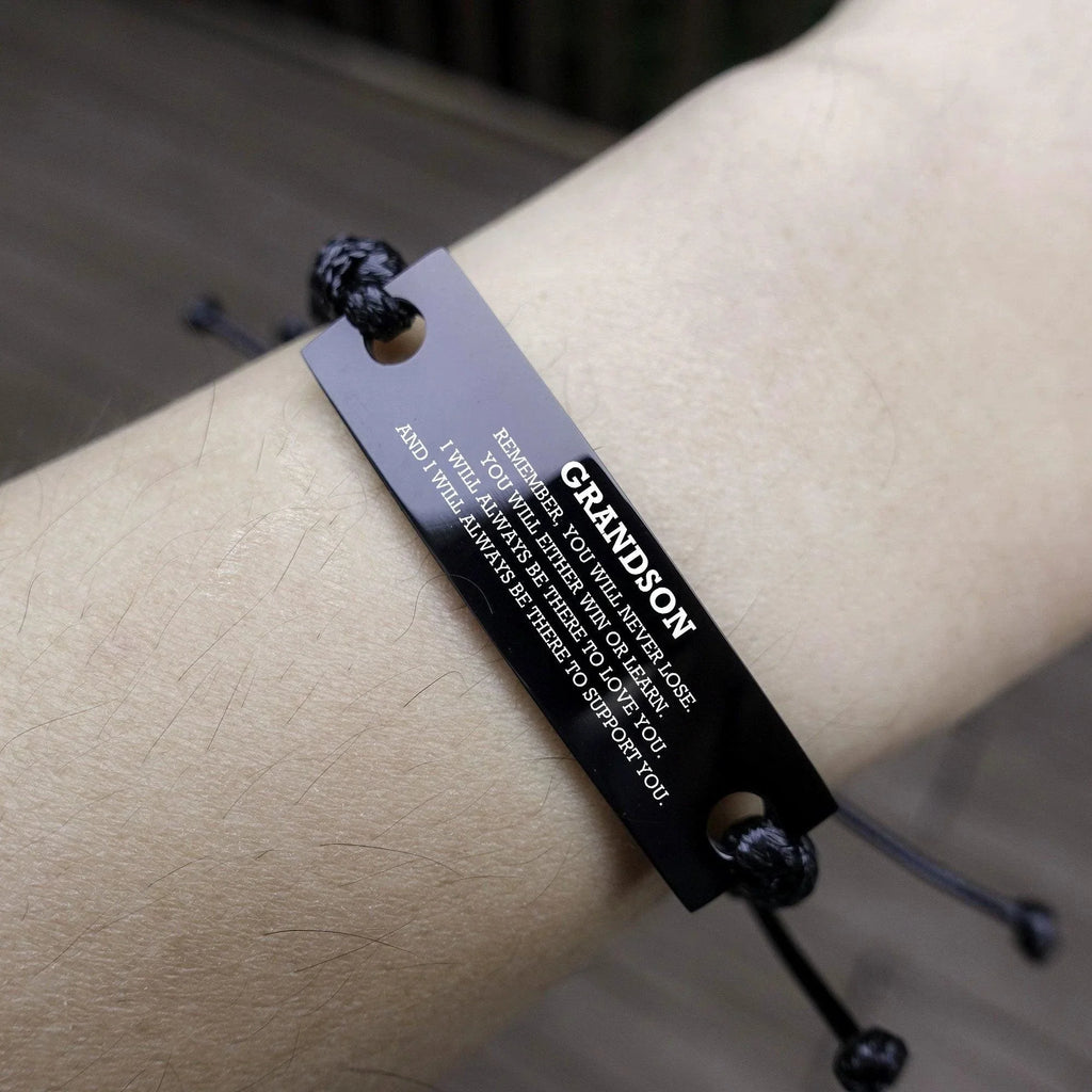 Grandson Braided Leather Rope Bracelet, Remember, You Will Never Lose, You Will Either Win or Learn, Black Leather Engraved Bracelet for your Grandson, Birthday, Christmas Gifts Ideas