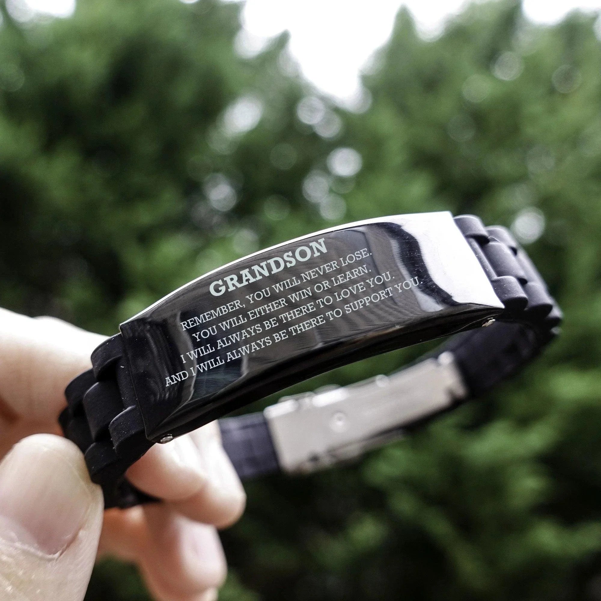 Grandson Black Glide Lock Bracelet, Remember, You Will Never Lose. , Leather Engraved Bracelets for your Grandson, Birthday, or Christmas, Inspirational Gifts Ideas