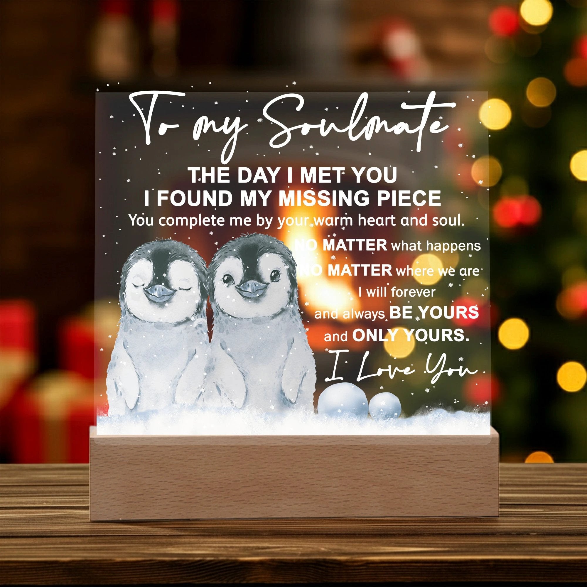 Soulmate Acrylic Plaque – Penguin Couple LED Light Gift | Romantic “You Complete Me” Christmas Keepsake