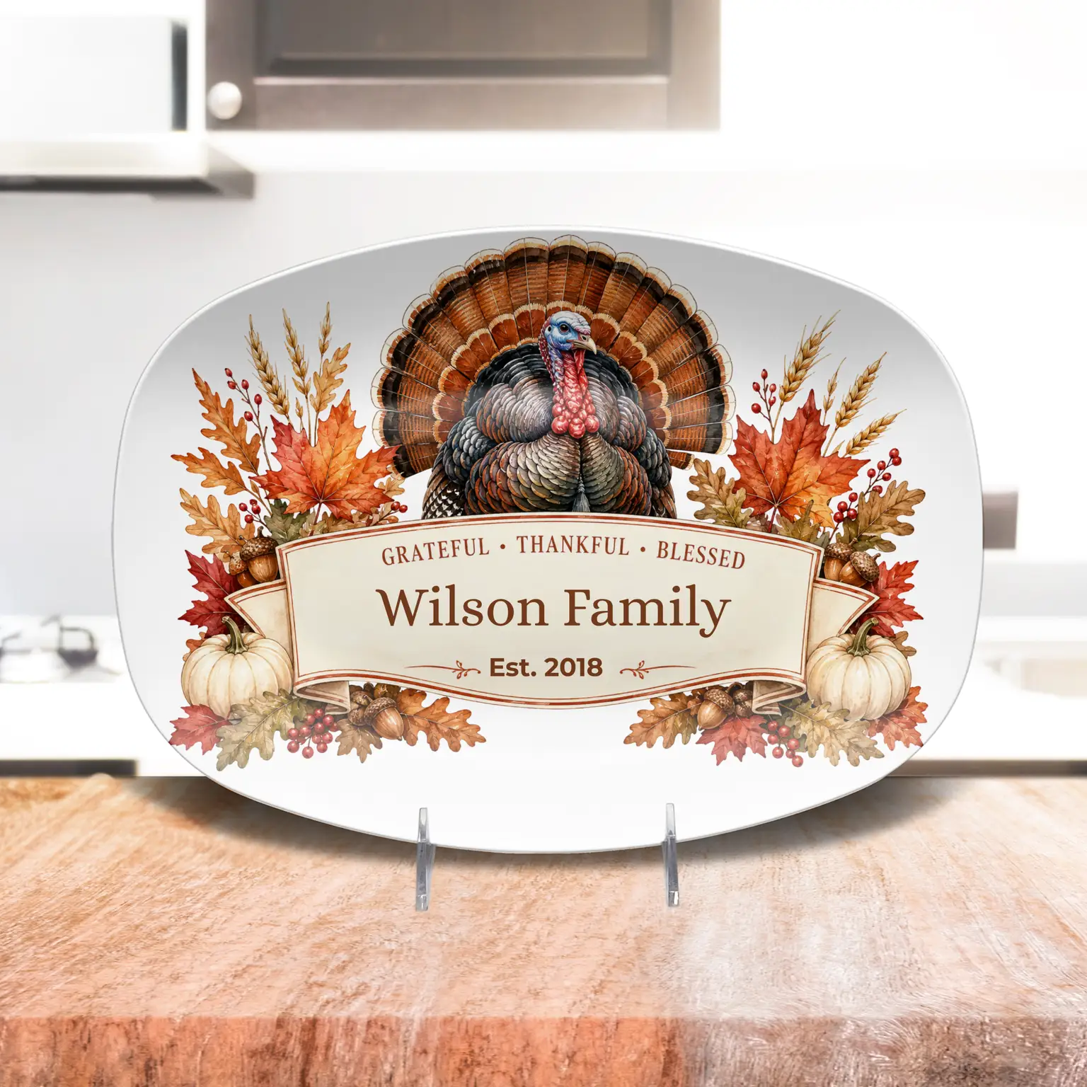 Personalized Thanksgiving Platter with Turkey, Custom Family Name Serving Platter, Grateful Thankful Blessed, Thanksgiving Hostess Gift