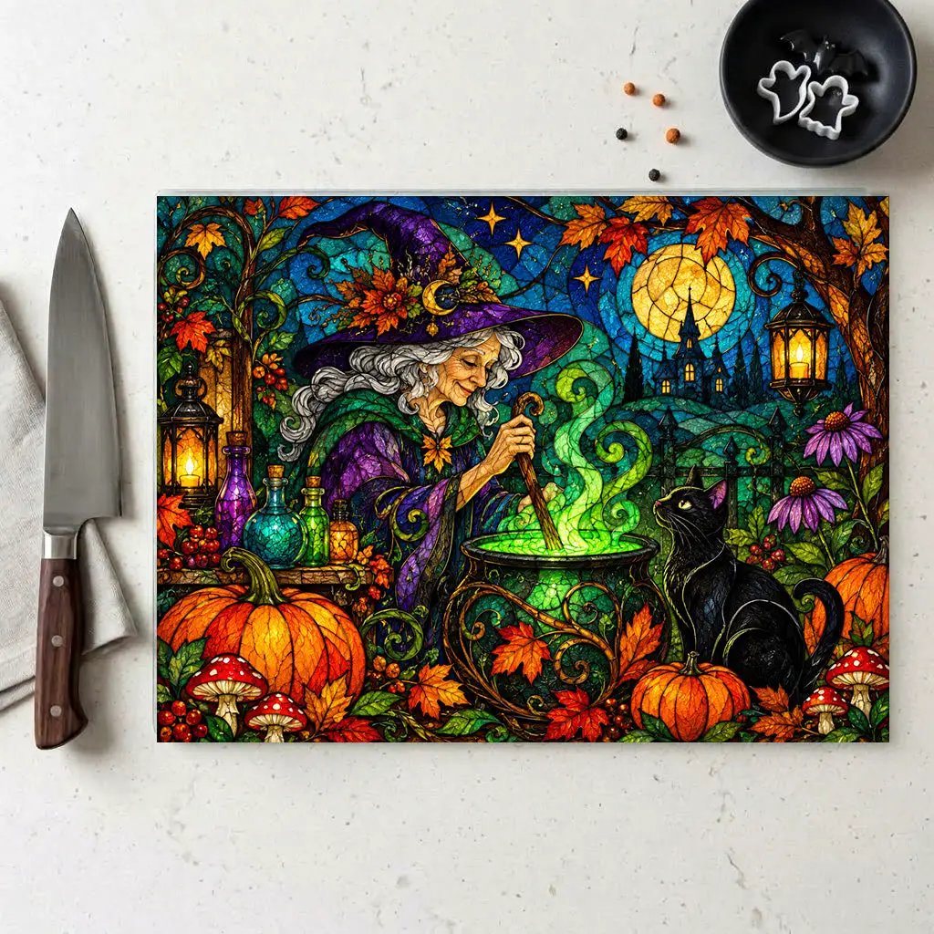 Halloween Witch Cauldron Personalized Glass Cutting Board, Spooky Black Cat Kitchen Decor