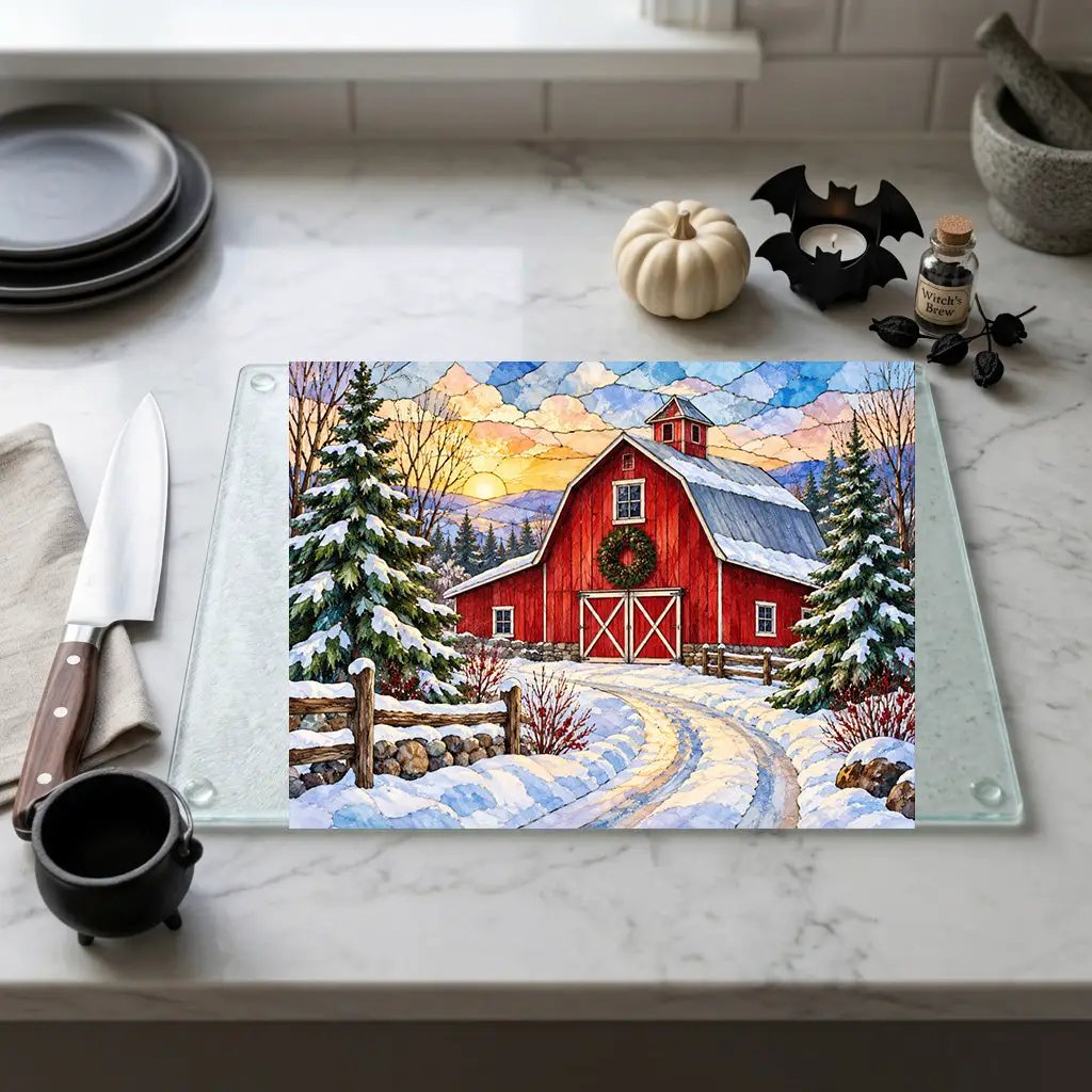 Winter Red Barn Glass Cutting Board, Snowy Country Road Farmhouse Kitchen Decor, Rustic Christmas Barn Gift