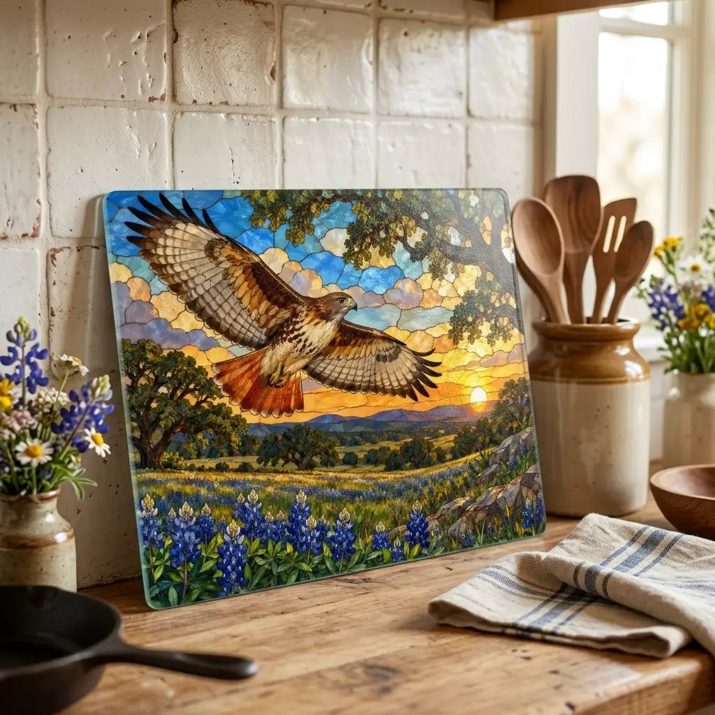 Red-Tailed Hawk Glass Cutting Board, Wildlife Kitchen Decor, Bird Lover Gift, Scenic Sunset Countryside Chopping Board, Nature Home Accent