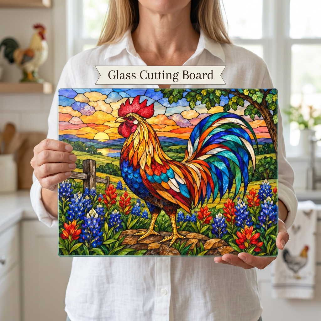 Rooster Glass Cutting Board, Bluebonnet Kitchen Decor, Colorful Farmhouse Rooster Art, Country Wildflower Decor, Stained Glass Gift