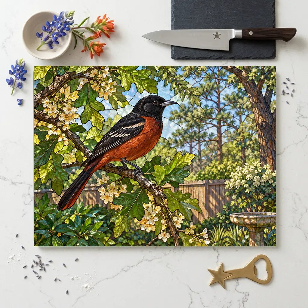 Orchard Oriole Glass Cutting Board, Backyard Bird Kitchen Decor, Oriole Bird Lover Gift, Nature Serving Board, Birdwatcher Gift