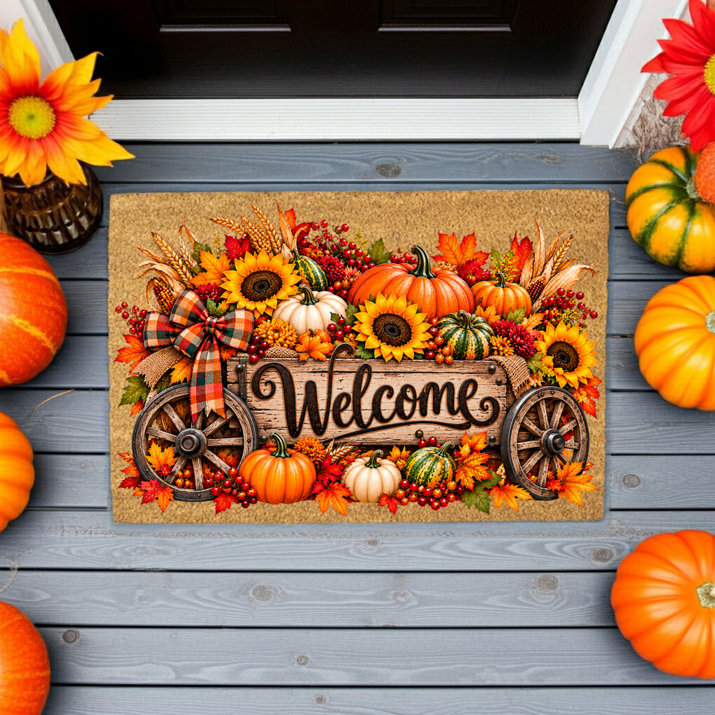 Harvest Wagon Welcome Doormat, Fall Coir Door Mat, Pumpkin Sunflower Welcome Mat, Autumn Farmhouse Porch Decor, Thanksgiving Doormat