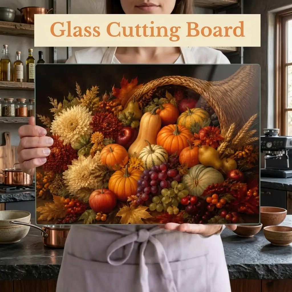 Cornucopia Glass Cutting Board, Thanksgiving Kitchen Decor, Fall Harvest Cutting Board, Autumn Hostess Gift