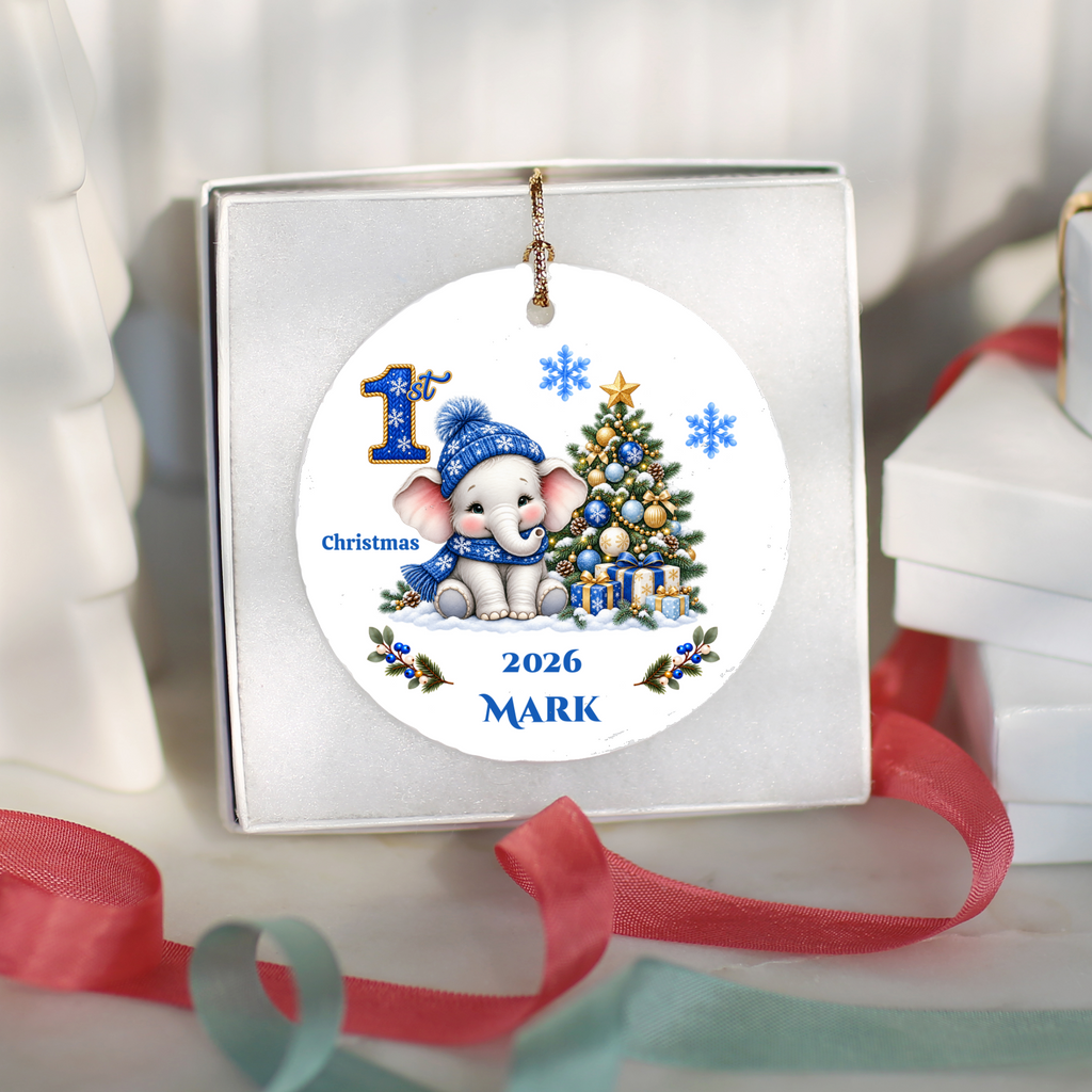 Elephant Baby Personalized Christmas Ornament, Baby's 1st 2nd 3rd Christmas, Custom Name Year Ceramic Keepsake, Girl Gift