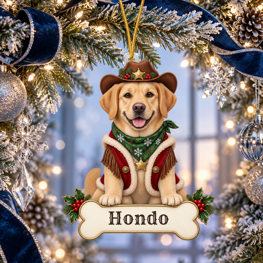 Personalized Cowboy Dog Christmas Ornament from Photo, Custom Pet Portrait Acrylic Cutout, Western Christmas Decor, Dog Lover Gift