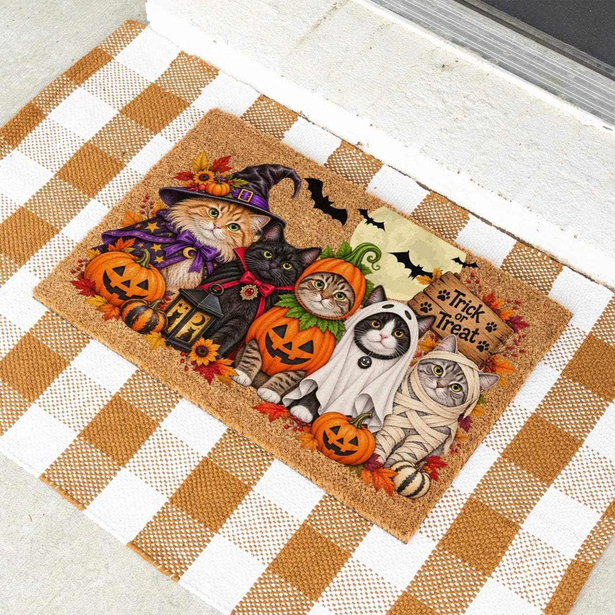 Halloween Cat Doormat, Funny Costumed Cats Coir Welcome Mat, Trick or Treat Porch Decor, Fall Cat Lover Gift, Spooky Front Door Mat