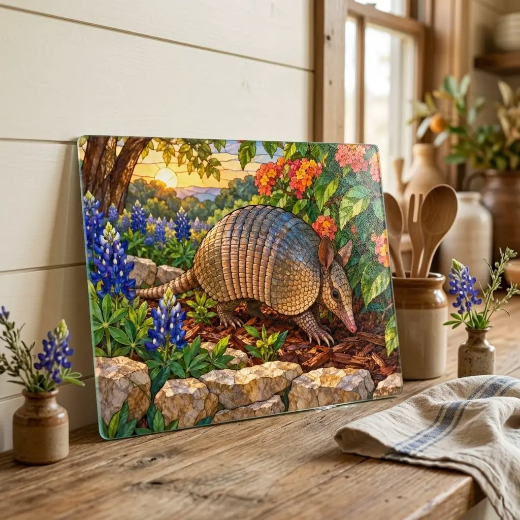 Texas Armadillo Glass Cutting Board, Bluebonnet Kitchen Decor, Wildlife Chopping Board, Southwestern Countryside Kitchen Gift, 2 Sizes