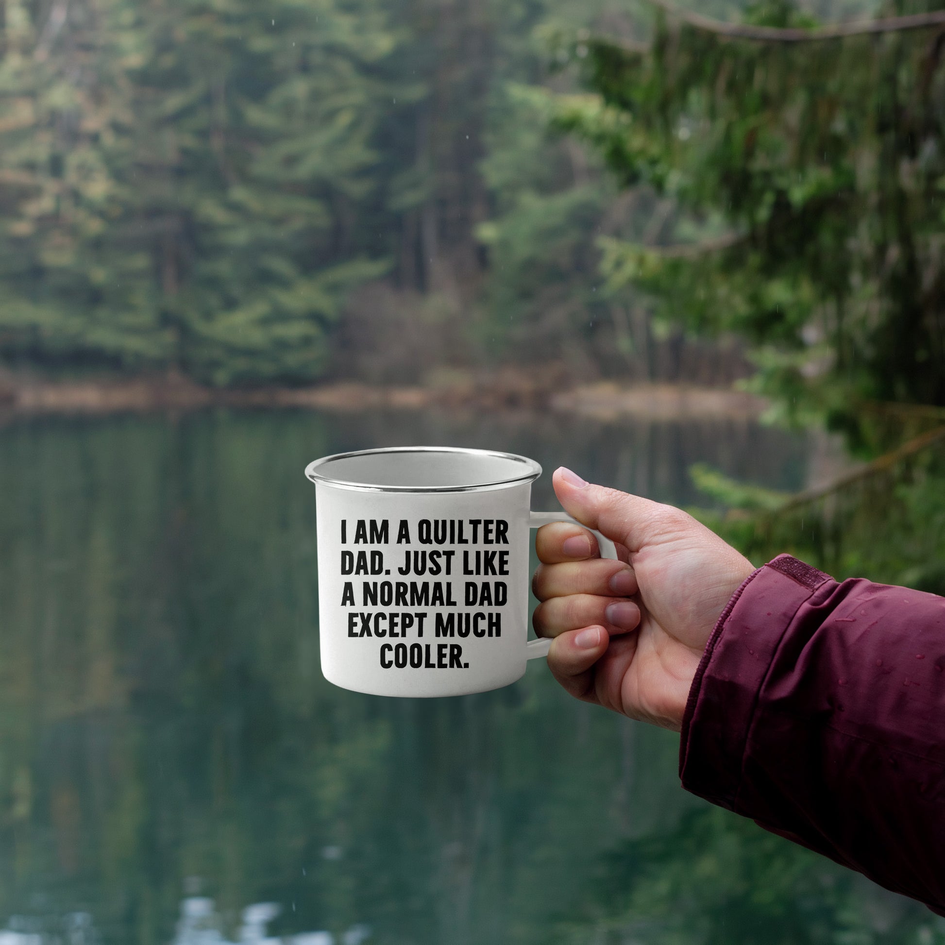 Spring Pet Products Quilter Dad Enamel Camper Mug – Funny Gift for Sewing Dads – “Much Cooler Dad” Quote - Mallard Moon Gift Shop