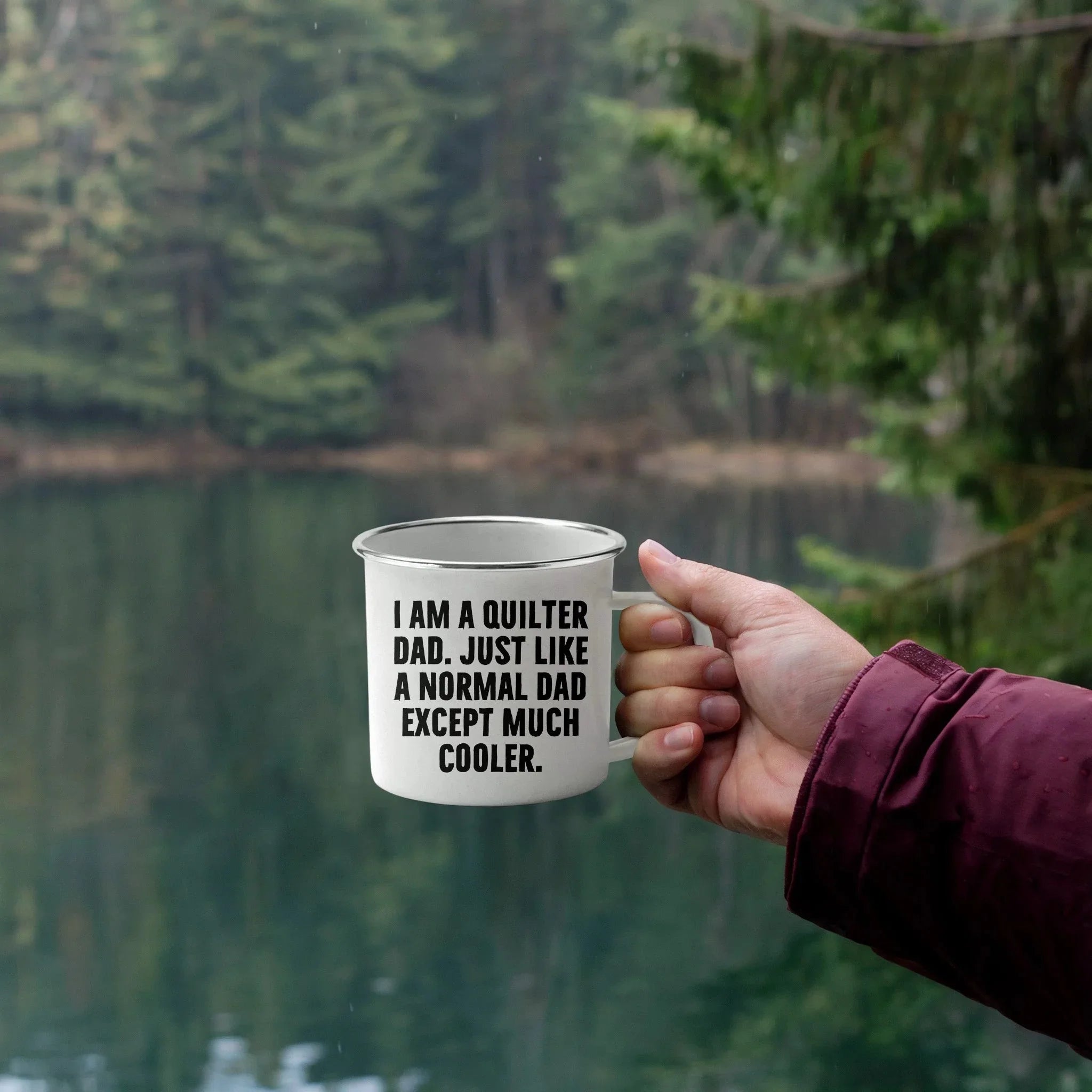 Spring Pet Products Quilter Dad Enamel Camper Mug – Funny Gift for Sewing Dads – “Much Cooler Dad” Quote
