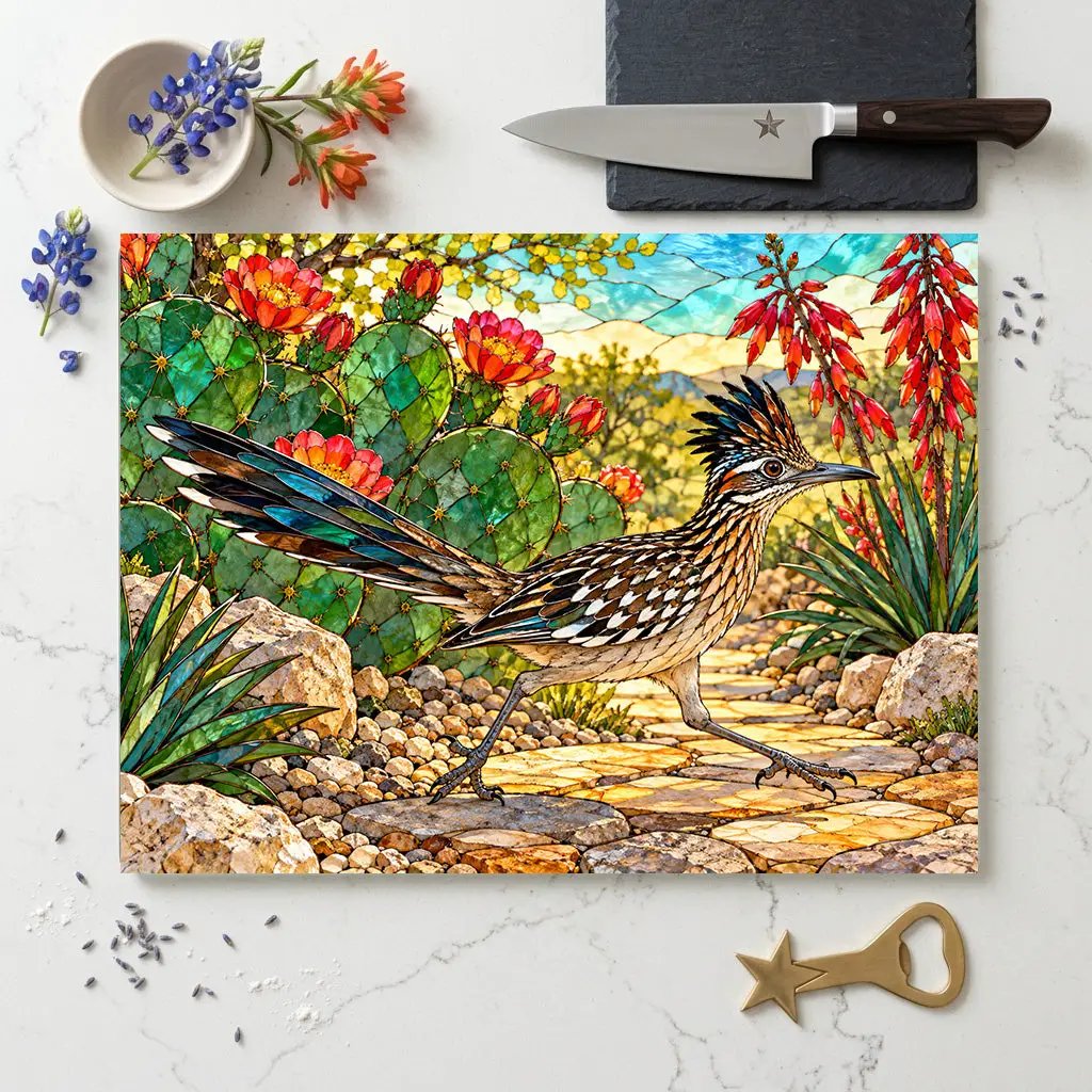 Roadrunner Glass Cutting Board, Desert Bird Kitchen Decor, Southwestern Cactus Chopping Board, Wildlife Lover Gift, Kitchen Counter Accent