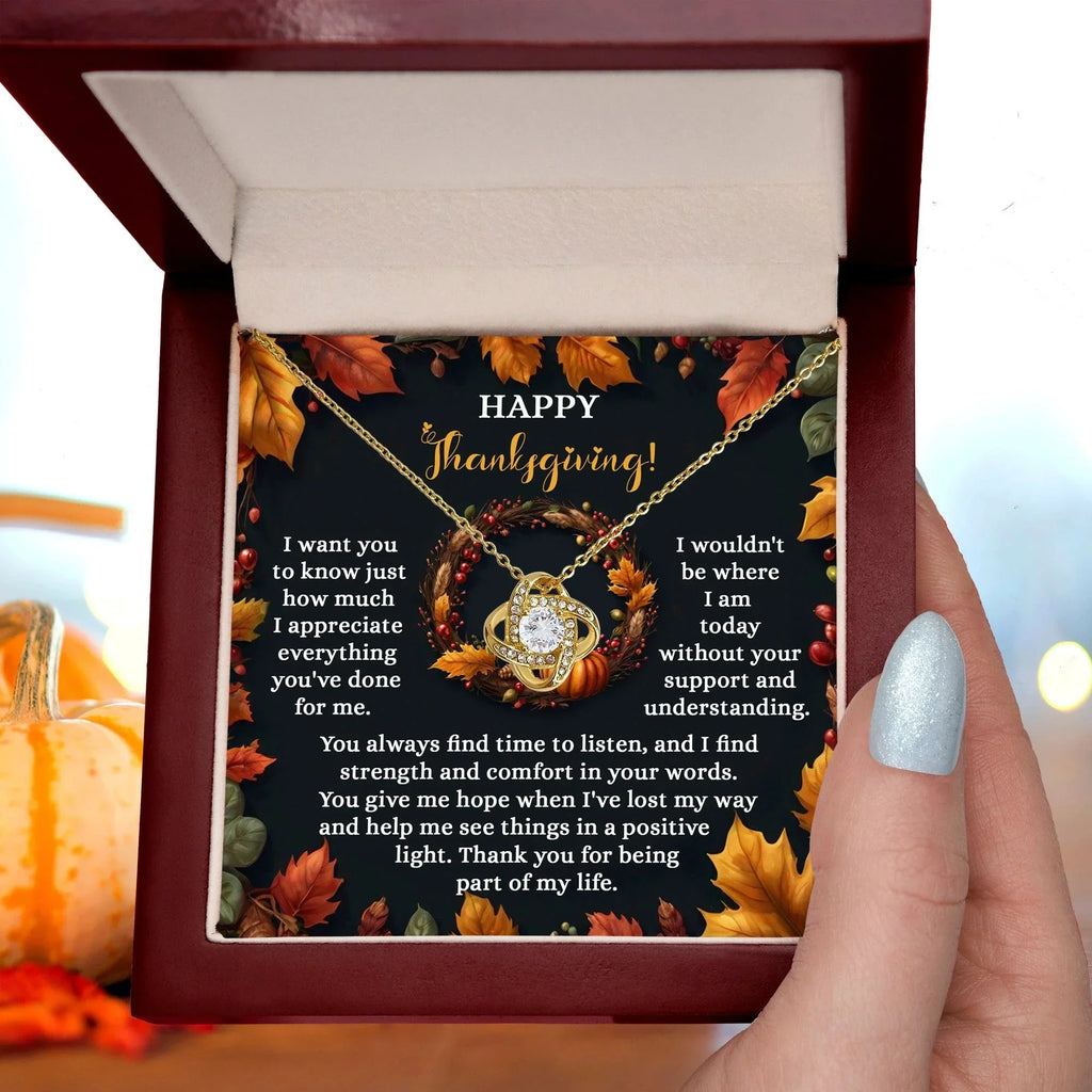 Happy Thanksgiving Love Knot Necklace Gift | Appreciation Message Card for Someone Special | Heartfelt Fall Holiday Jewelry Gift
