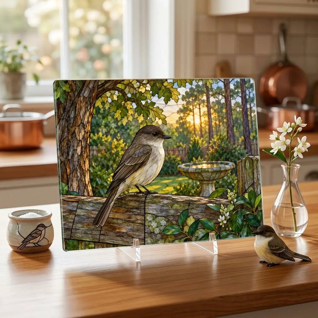 Eastern Phoebe Glass Cutting Board, Backyard Bird Kitchen Decor, Birdwatcher Gift, Bird Lover Gift, Nature Inspired Serving Board