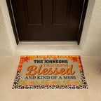 Personalized Thanksgiving Doormat – “Thankful, Blessed, and Kind of a Mess” Custom Family Name Fall Welcome Mat with Plaid and Leopard Print Design