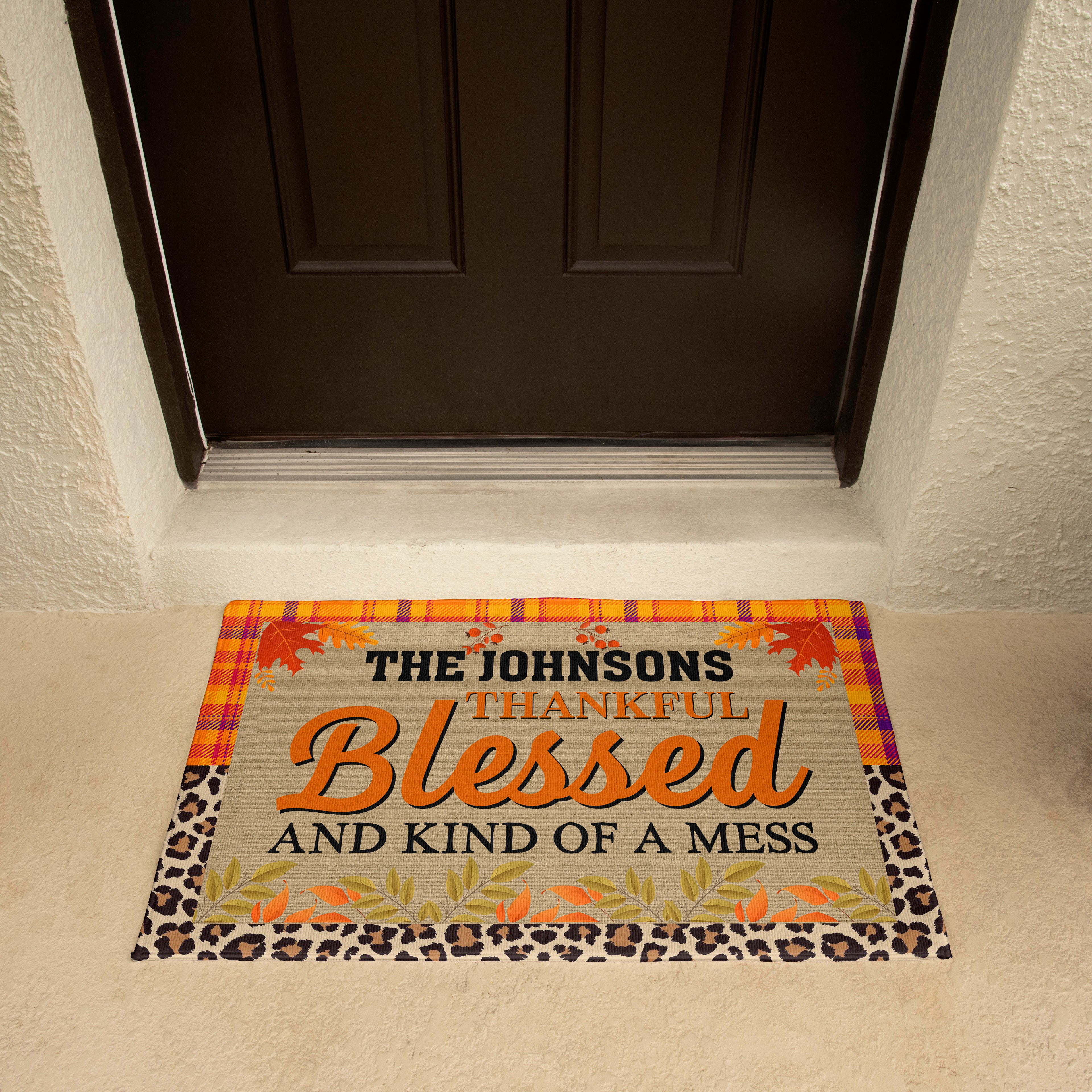 Personalized Thanksgiving Doormat – “Thankful, Blessed, and Kind of a Mess” Custom Family Name Fall Welcome Mat with Plaid and Leopard Print Design