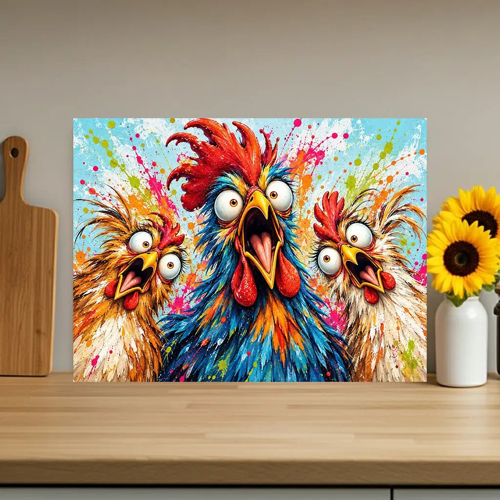 Three Screaming Chickens Cutting Board, Funny Chicken Kitchen Decor, Colorful Chicken Lover Gift, Farmhouse Kitchen Gift