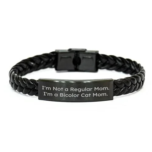 Bicolor Cat Lover Funny Interlaced Leather Bracelet, I'm Not A Regular Mom. I'm A Bicolor Cat Mom Unique Birthday Christmas Mother's Day Gift