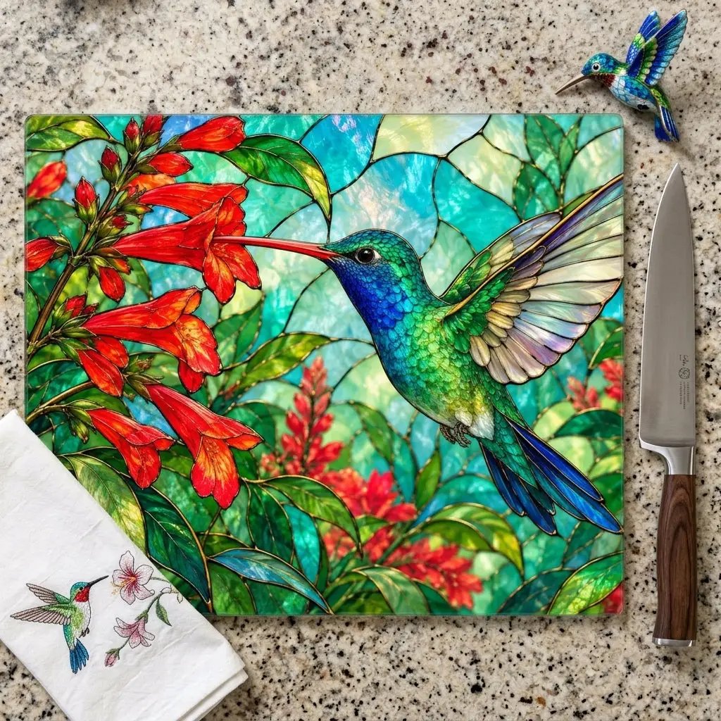 Hummingbird Cutting Board, Stained Glass Hummingbird Decor, Red Flower Kitchen Decor, Bird Lover Gift, Nature Inspired Gift