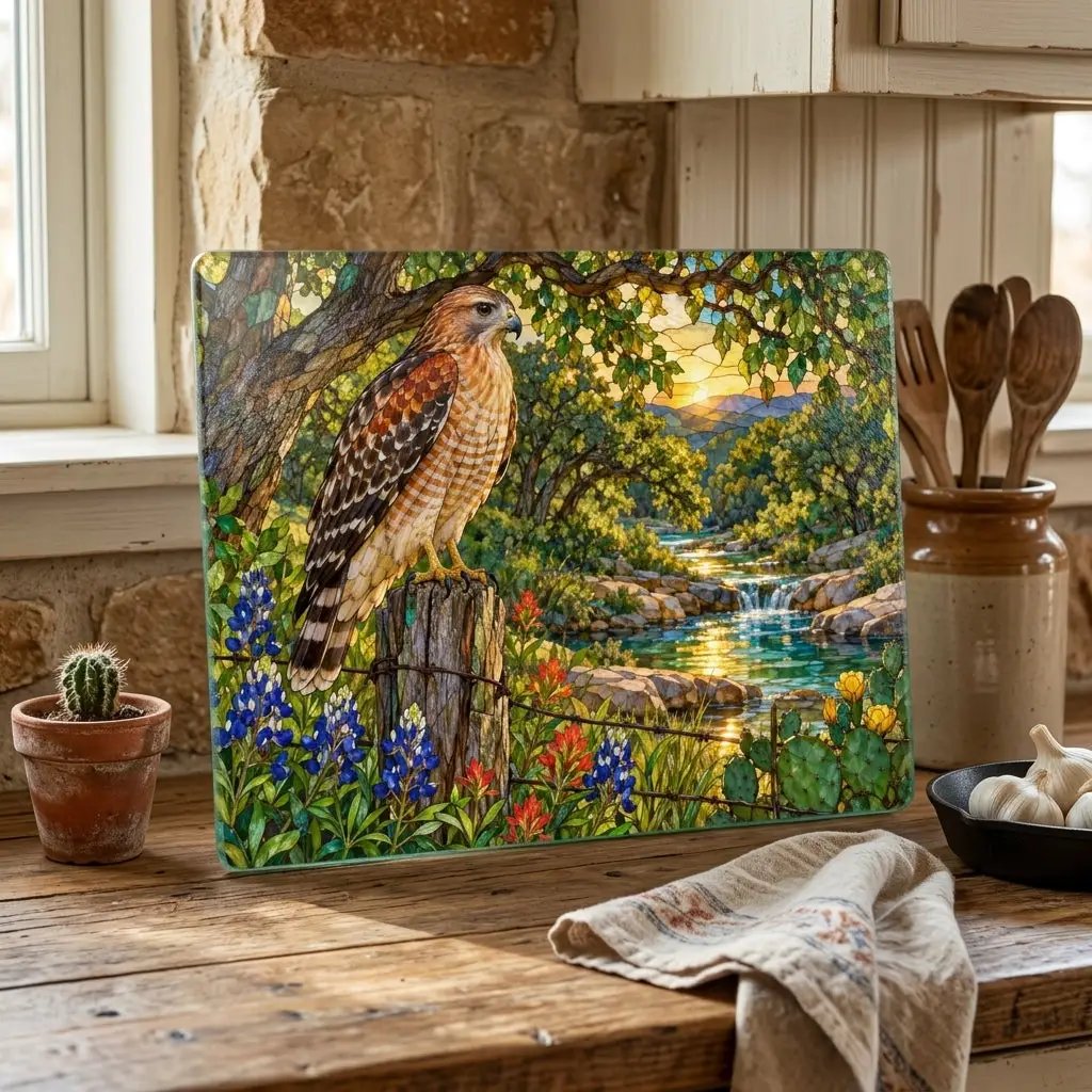 Red-Shouldered Hawk Glass Cutting Board, Bird Lover Kitchen Decor, Wildlife Art Chopping Board, Nature-Inspired Hostess Gift for Birdwatcher