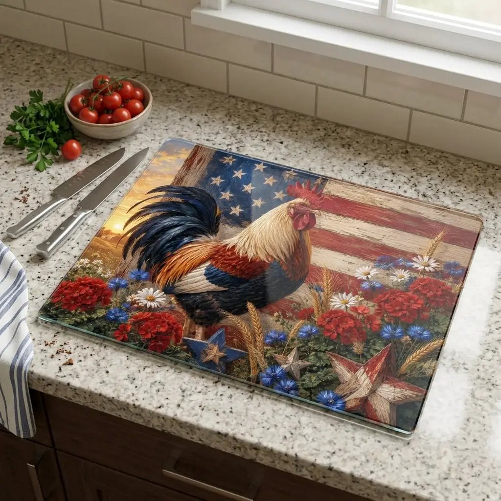 Patriotic Rooster Cutting Board, American Flag Glass Cutting Board, Farmhouse Kitchen Decor, Americana Rooster Gift, Country Kitchen