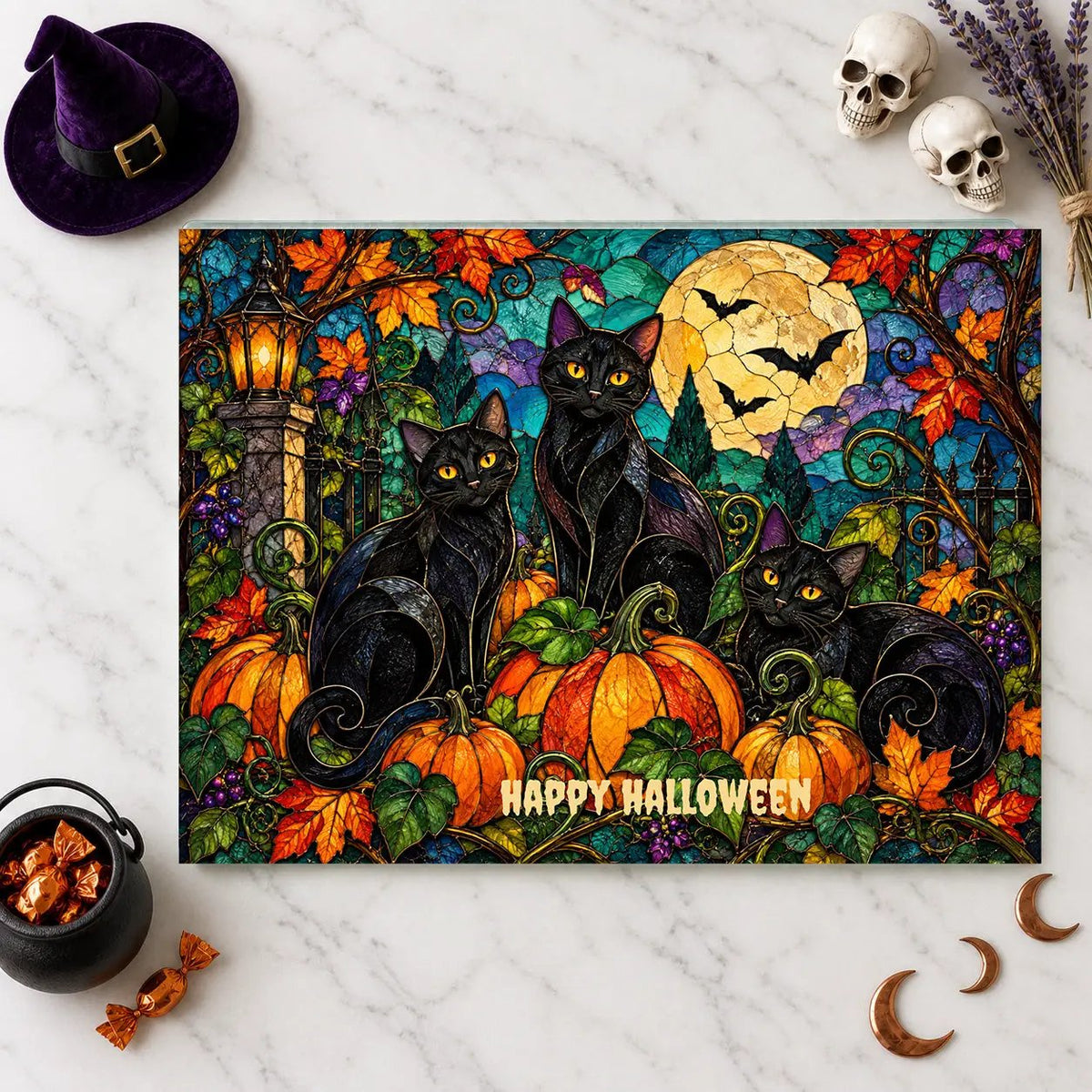 Halloween Black Cats Personalized Glass Cutting Board, Spooky Pumpkin Kitchen Decor