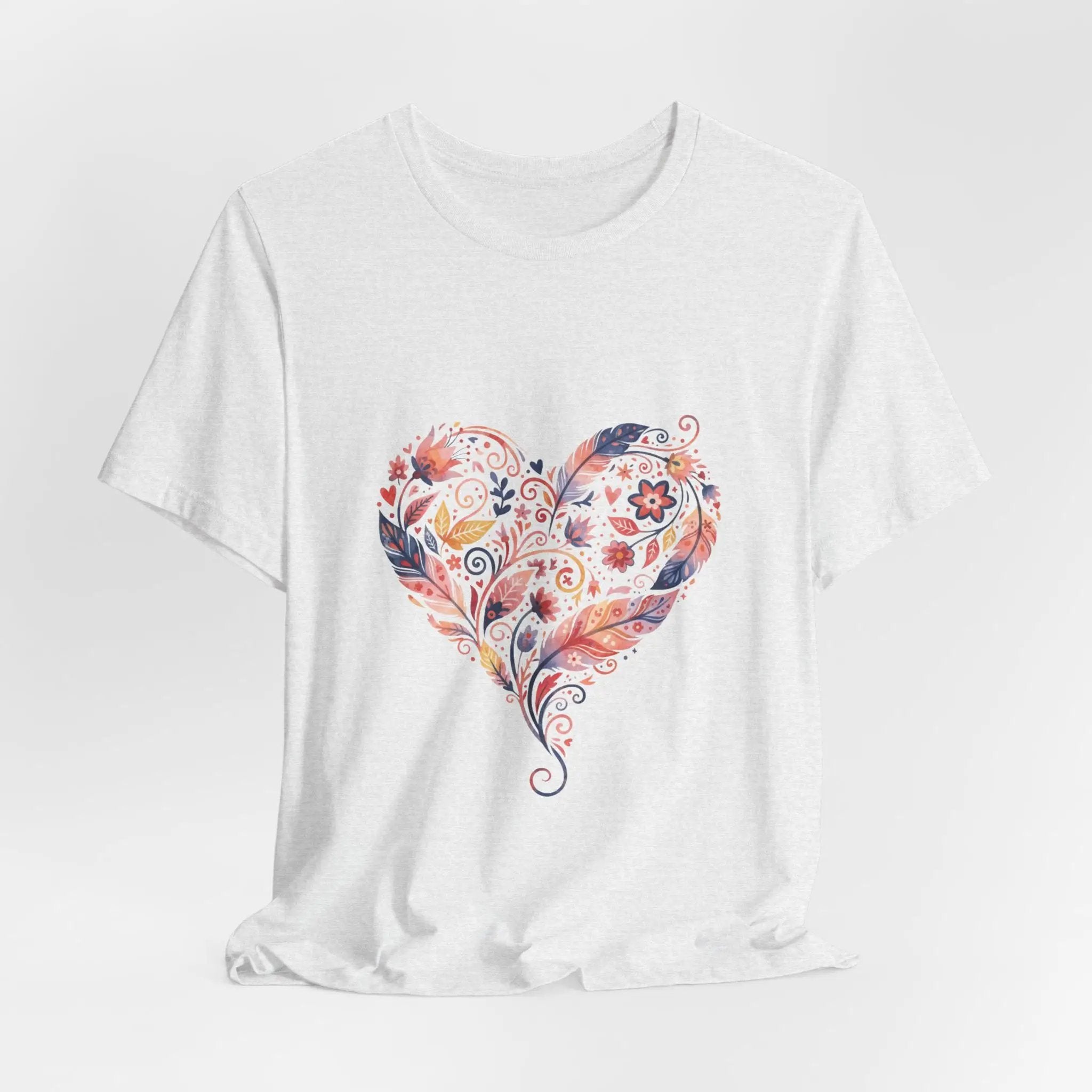 Floral Heart Graphic Tee — Boho Feather & Flower Design - Mallard Moon