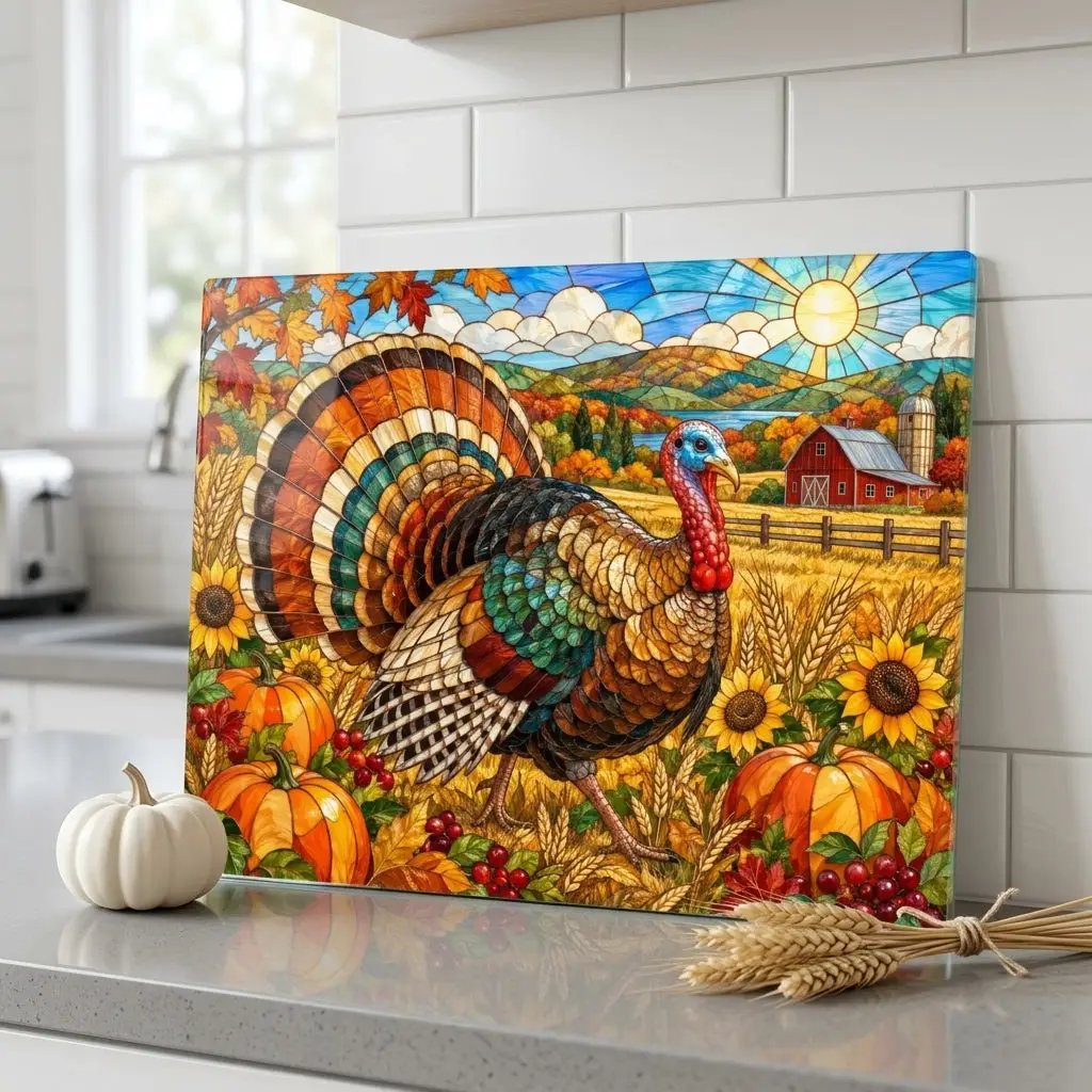 Thanksgiving Turkey Glass Cutting Board, Farmhouse Fall Kitchen Decor, Harvest Turkey Chopping Board, Autumn Hostess Gift