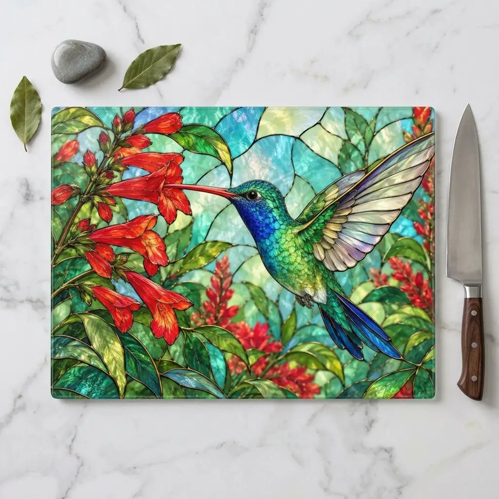 Hummingbird Cutting Board, Stained Glass Hummingbird Decor, Red Flower Kitchen Decor, Bird Lover Gift, Nature Inspired Gift