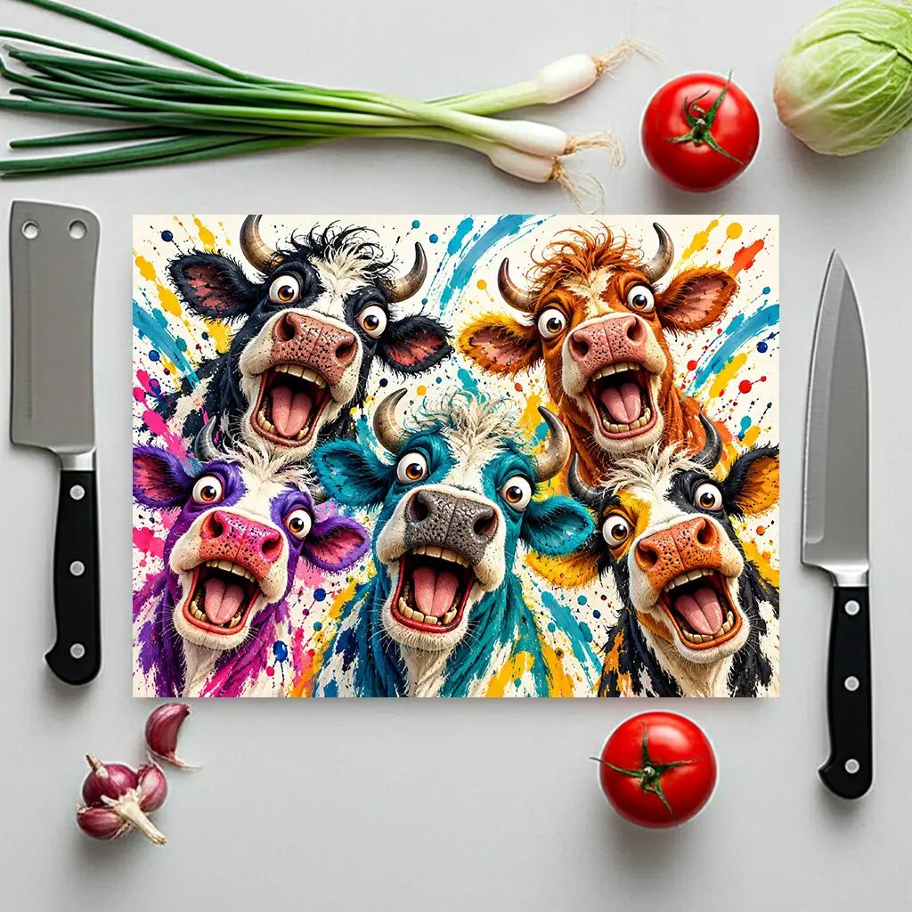Screaming Cow Cutting Board, Funny Cow Glass Cutting Board, Colorful Cow Kitchen Decor, Farm Animal Gift, Cow Lover Gift