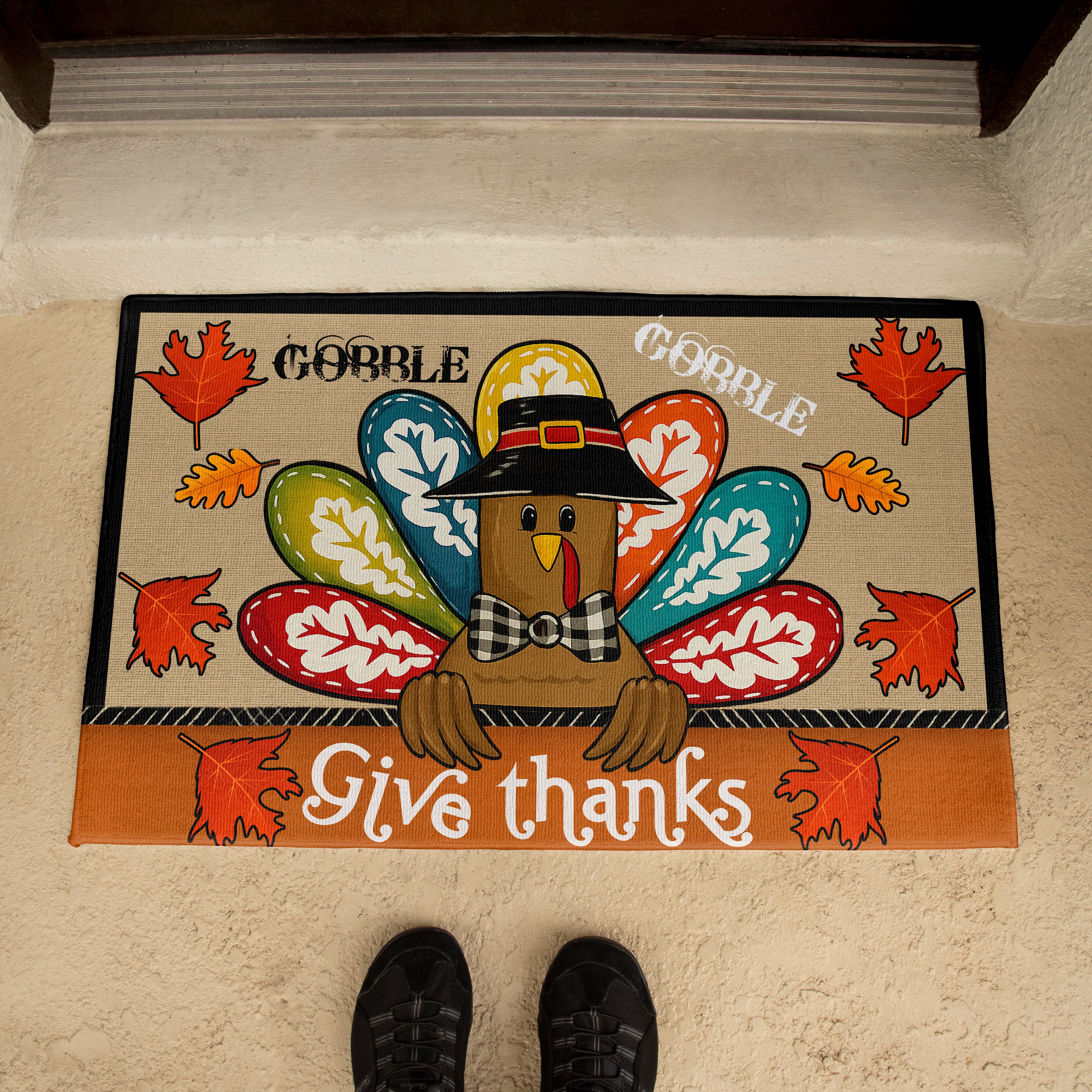 Colorful Turkey Thanksgiving Doormat – “Give Thanks” Fall Welcome Mat with Gobble Design, Autumn Leaves & Farmhouse Plaid Accent for Porch or Entryway Décor