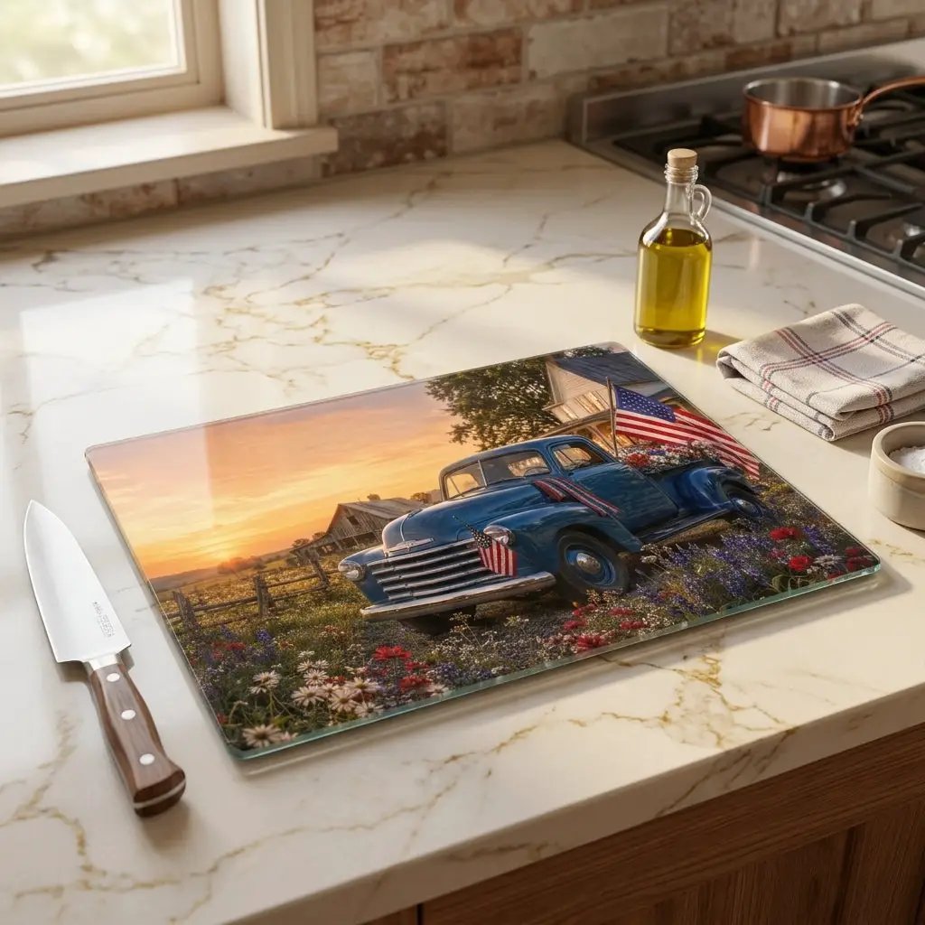Blue Vintage Truck Glass Cutting Board, Patriotic Americana Farmhouse Kitchen Decor, Red White Blue Country Gift