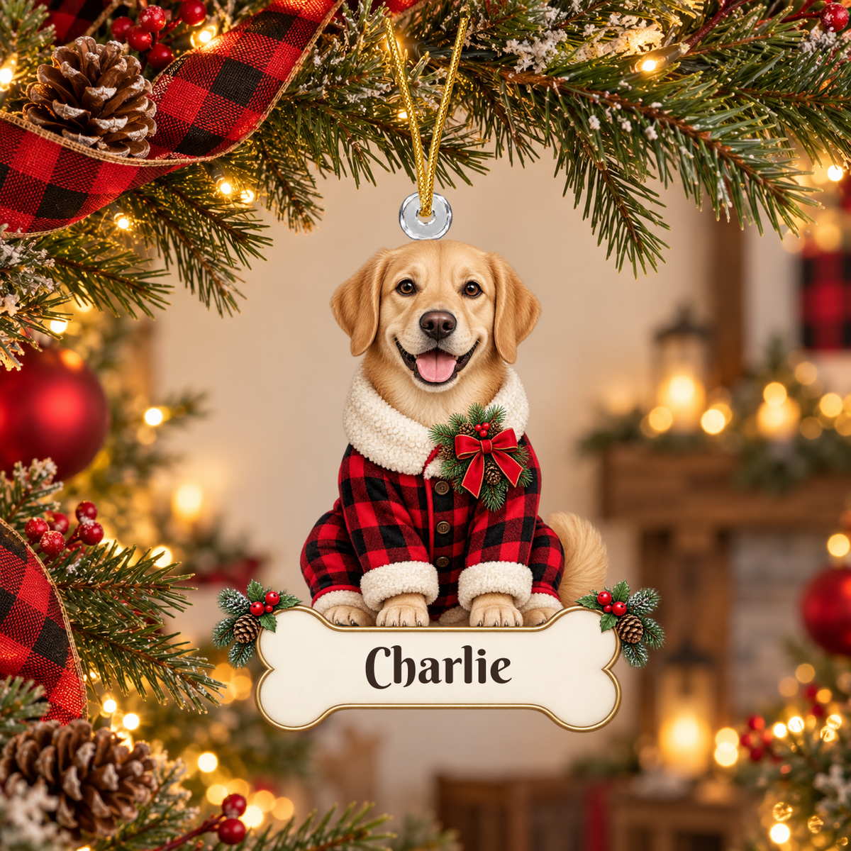 Personalized Dog Buffalo Plaid Pajamas Christmas Ornament from Photo, Custom Pet Portrait Acrylic Ornament, Rustic Holiday Dog Lover Gift