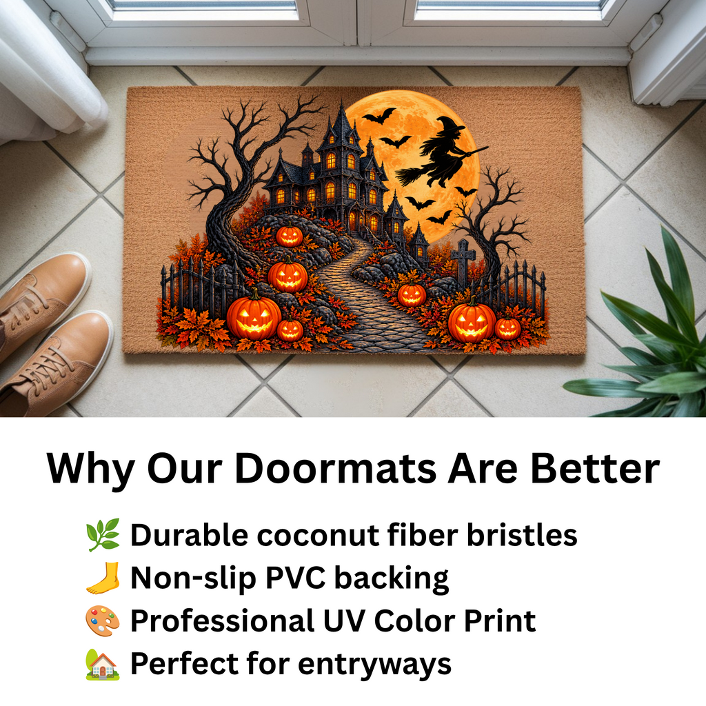 Haunted House Doormat, Halloween Witch Welcome Mat, Spooky Mansion Coir Doormat, Jack O Lantern Door Mat, Gothic Halloween Porch Decor