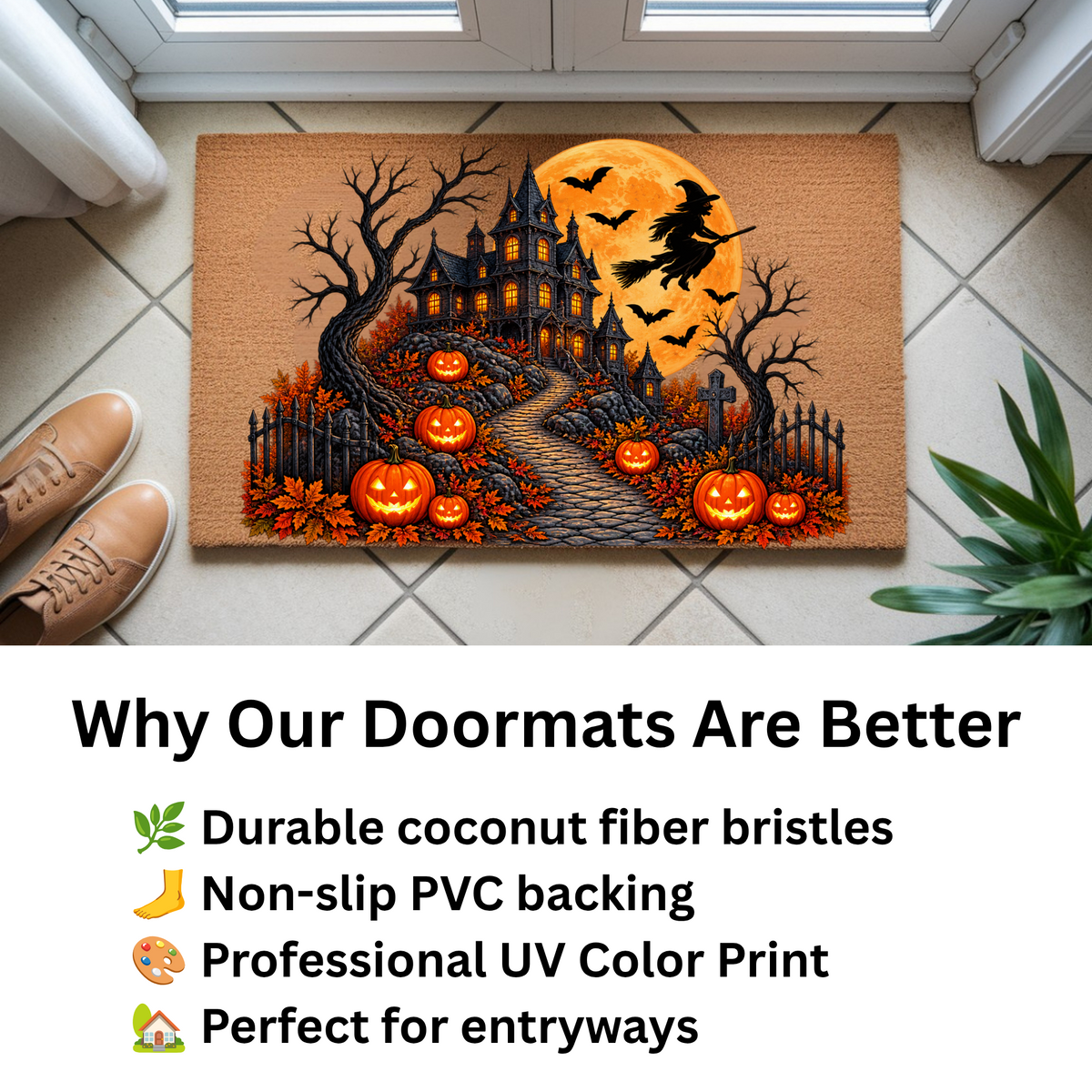 Haunted House Doormat, Halloween Witch Welcome Mat, Spooky Mansion Coir Doormat, Jack O Lantern Door Mat, Gothic Halloween Porch Decor