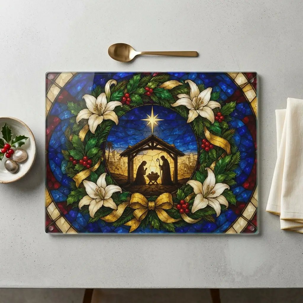 Nativity Glass Cutting Board, Stained Glass Christmas Decor, Holy Family Christian Kitchen Gift, Religious Christmas Cutting Board