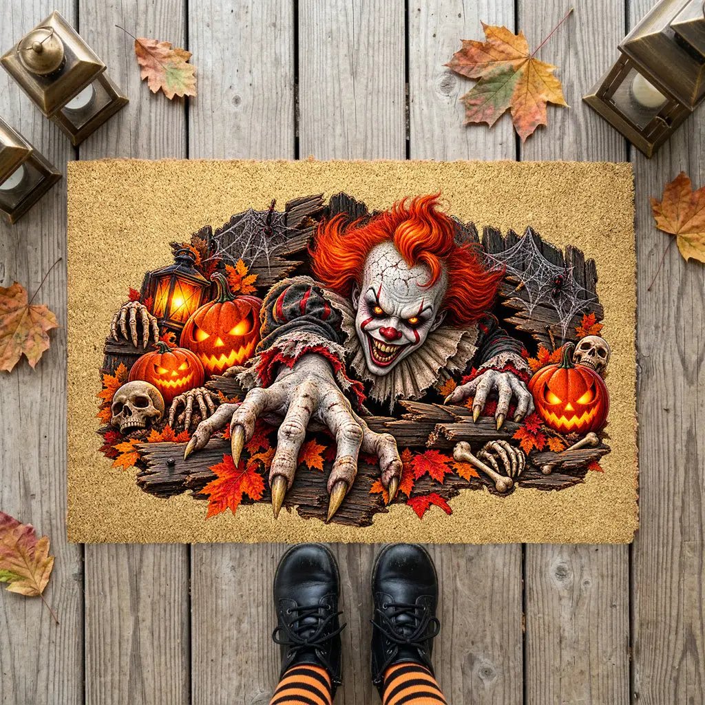 Horror Clown Doormat, Scary Halloween Coir Mat, Creepy Clown & Pumpkin Welcome Mat, Haunted House Porch Decor, Horror Lover Gift