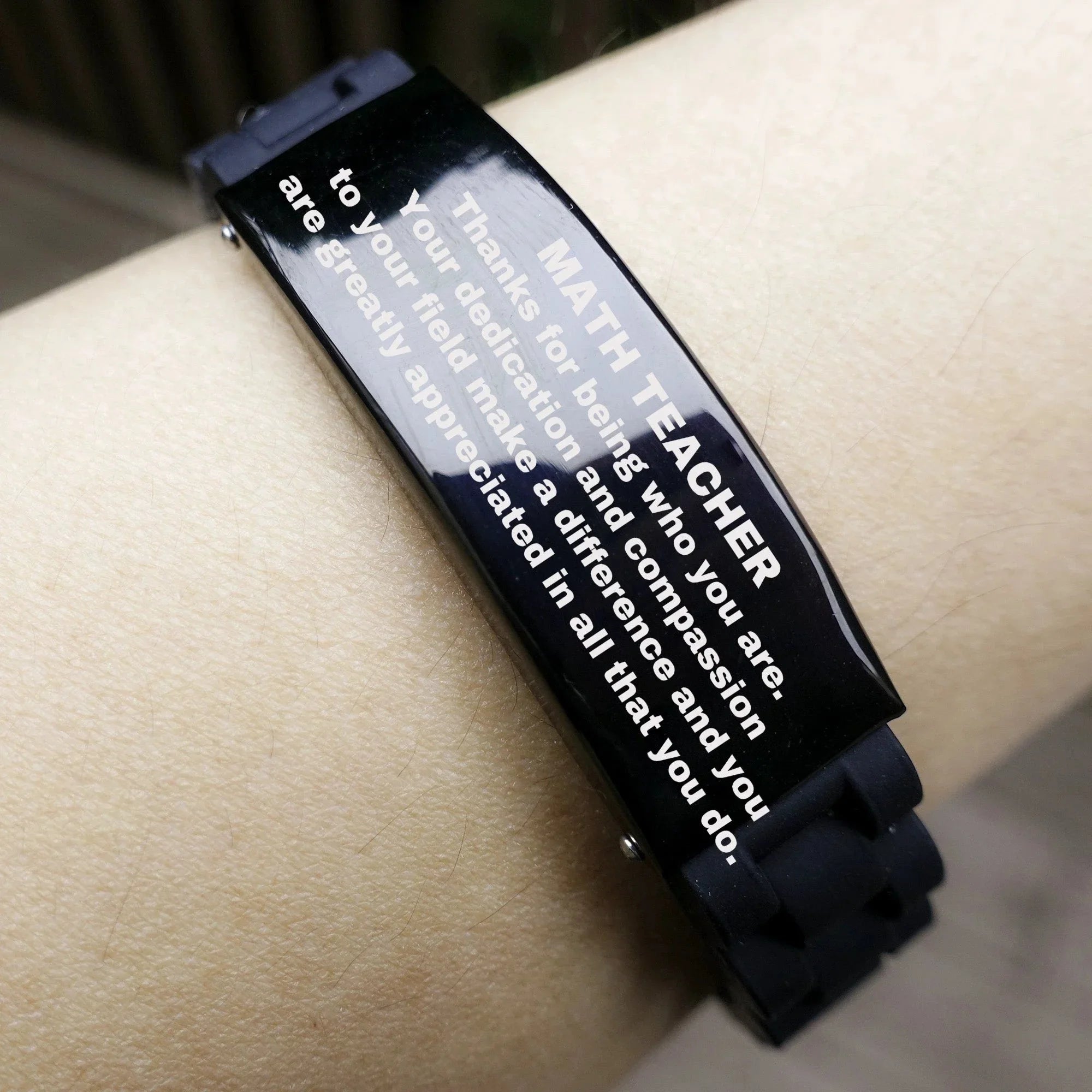 Math Teacher Glidelock Bracelet – Engraved Black Stainless Steel and Silicone Wristband Gift for Math Teachers – Appreciation Gift for Him or Her