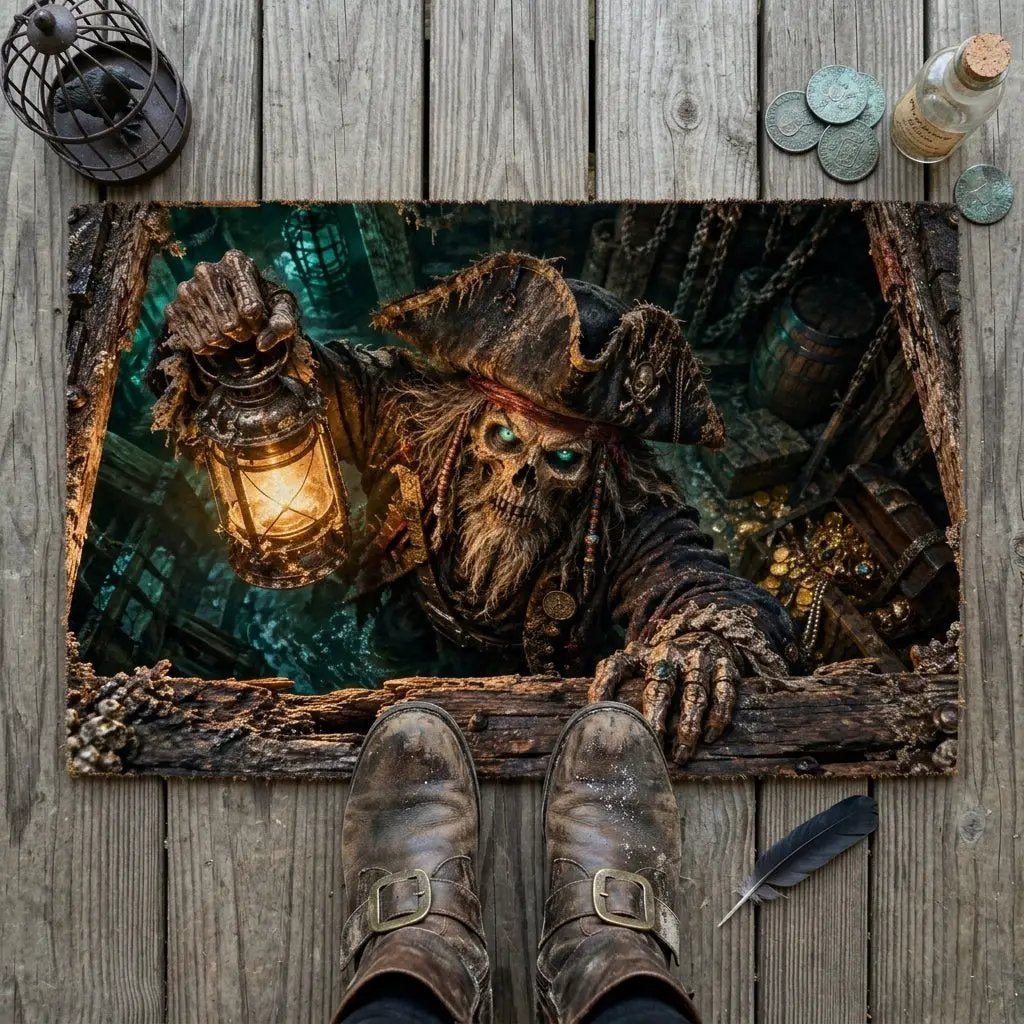 Pirate Doormat, Ghost Ship 3D Optical Illusion Door Mat, Haunted Pirate Halloween Mat, Skeleton Pirate Porch Decor, Spooky Welcome Mat