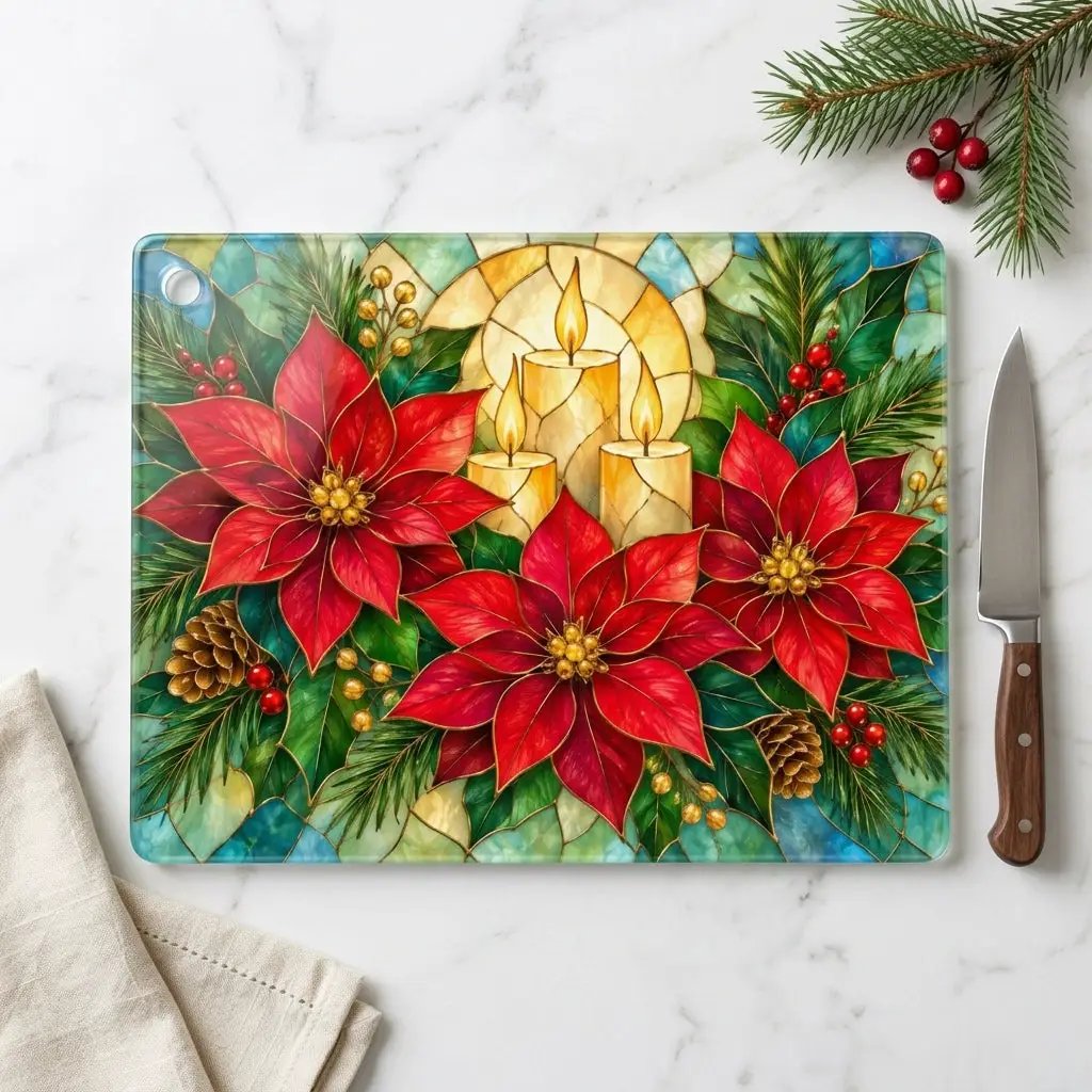 Christmas Poinsettia Glass Cutting Board, Holiday Candle Kitchen Decor, Tempered Chopping Board, Festive Winter Kitchen Gift Idea