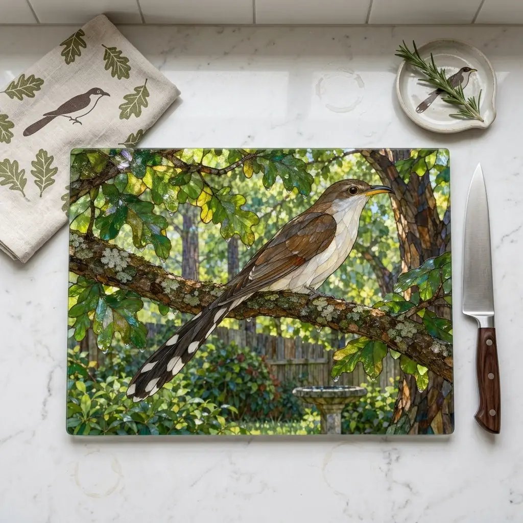 Yellow Billed Cuckoo Glass Cutting Board, Backyard Bird Kitchen Decor, Birdwatcher Gift, Bird Lover Gift, Woodland Serving Board