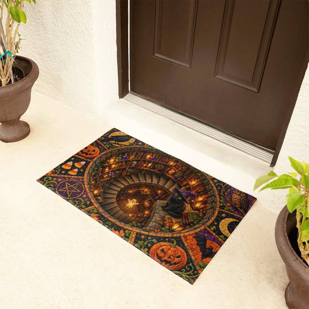 Black Cat 3D Halloween Doormat, Witchy Spiral Staircase Door Mat, Spooky Cat Welcome Mat, Pumpkin Halloween Porch Decor
