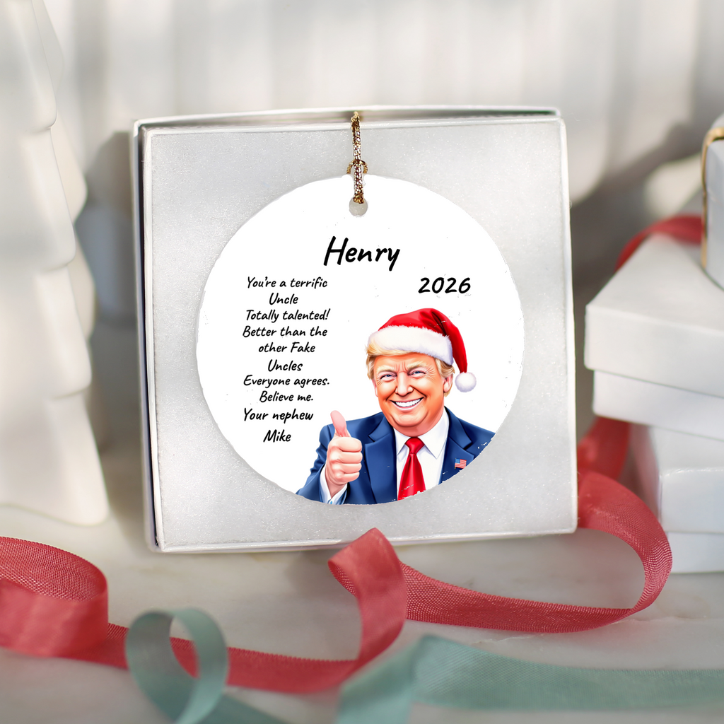 Personalized Trump Christmas Ornament, Funny Santa Hat Trump Gift, Custom Name Year and Relationship, 3 Inch Ceramic Holiday Keepsake