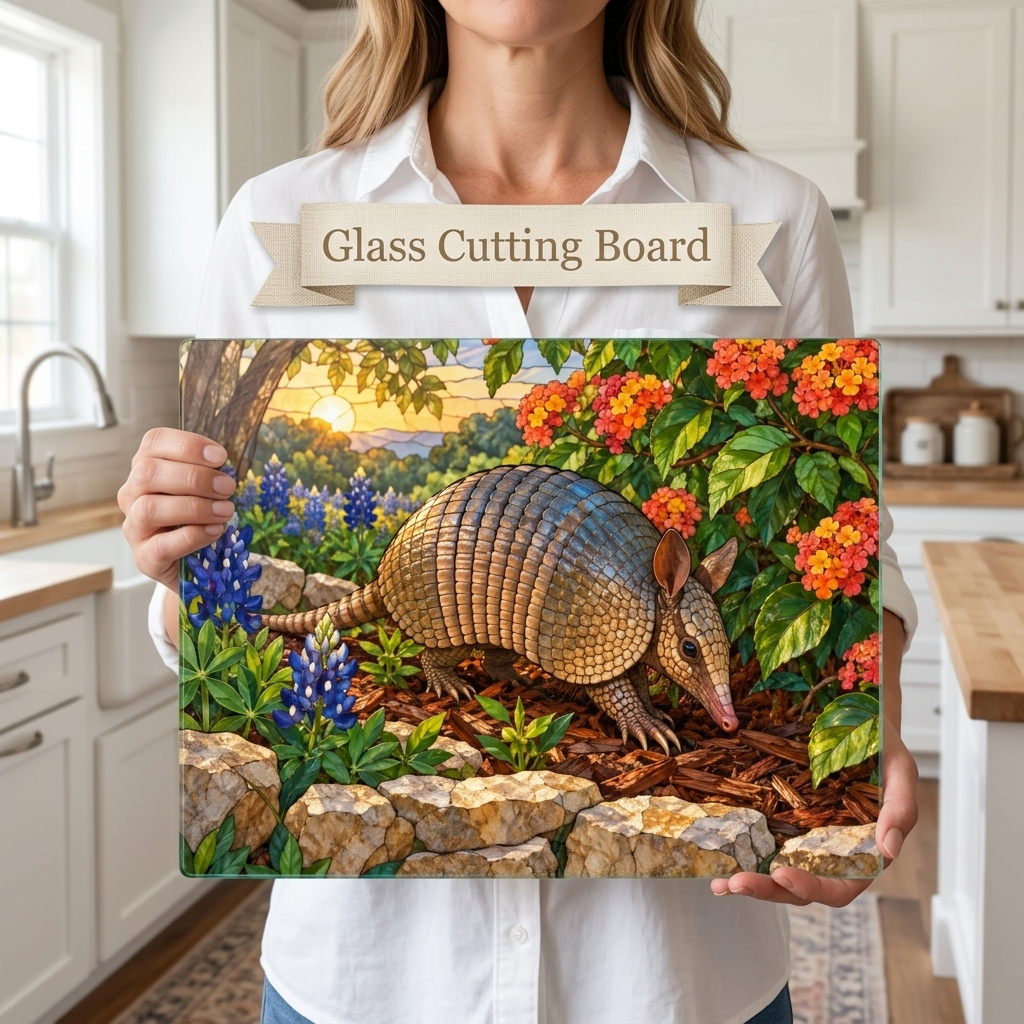 Armadillo Glass Cutting Board, Texas Kitchen Decor, Bluebonnet Armadillo Gift, Stained Glass Style Wildlife Art, Texas Housewarming Gift