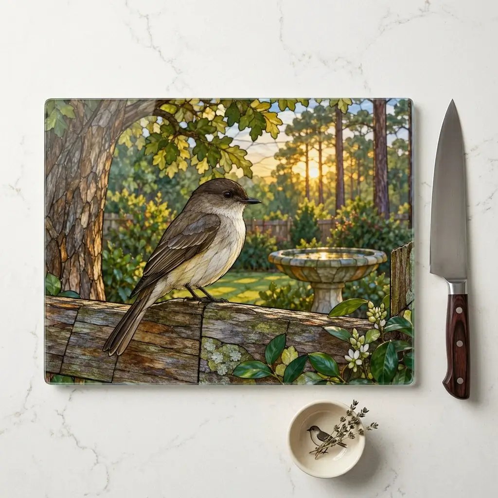 Eastern Phoebe Glass Cutting Board, Backyard Bird Kitchen Decor, Birdwatcher Gift, Bird Lover Gift, Nature Inspired Serving Board