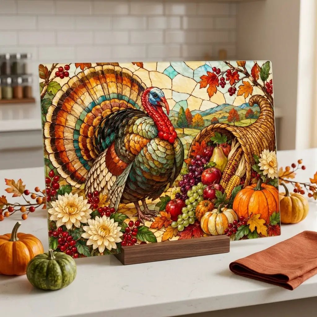 Thanksgiving Turkey Glass Cutting Board, Stained Glass Harvest Kitchen Decor, Fall Turkey Chopping Board, Country Thanksgiving Gift