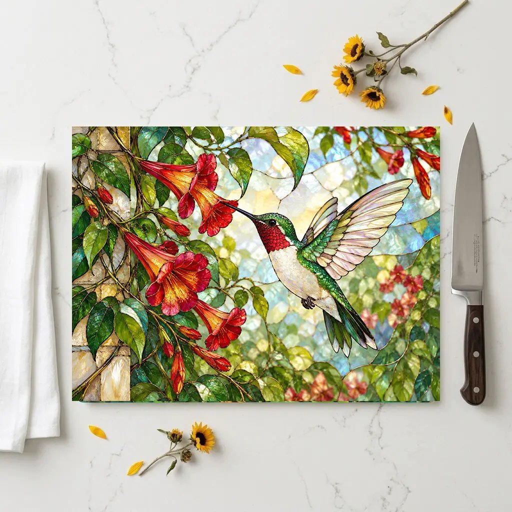 Hummingbird Cutting Board, Stained Glass Hummingbird Decor, Trumpet Vine Kitchen Decor, Bird Lover Gift, Garden Lover Gift