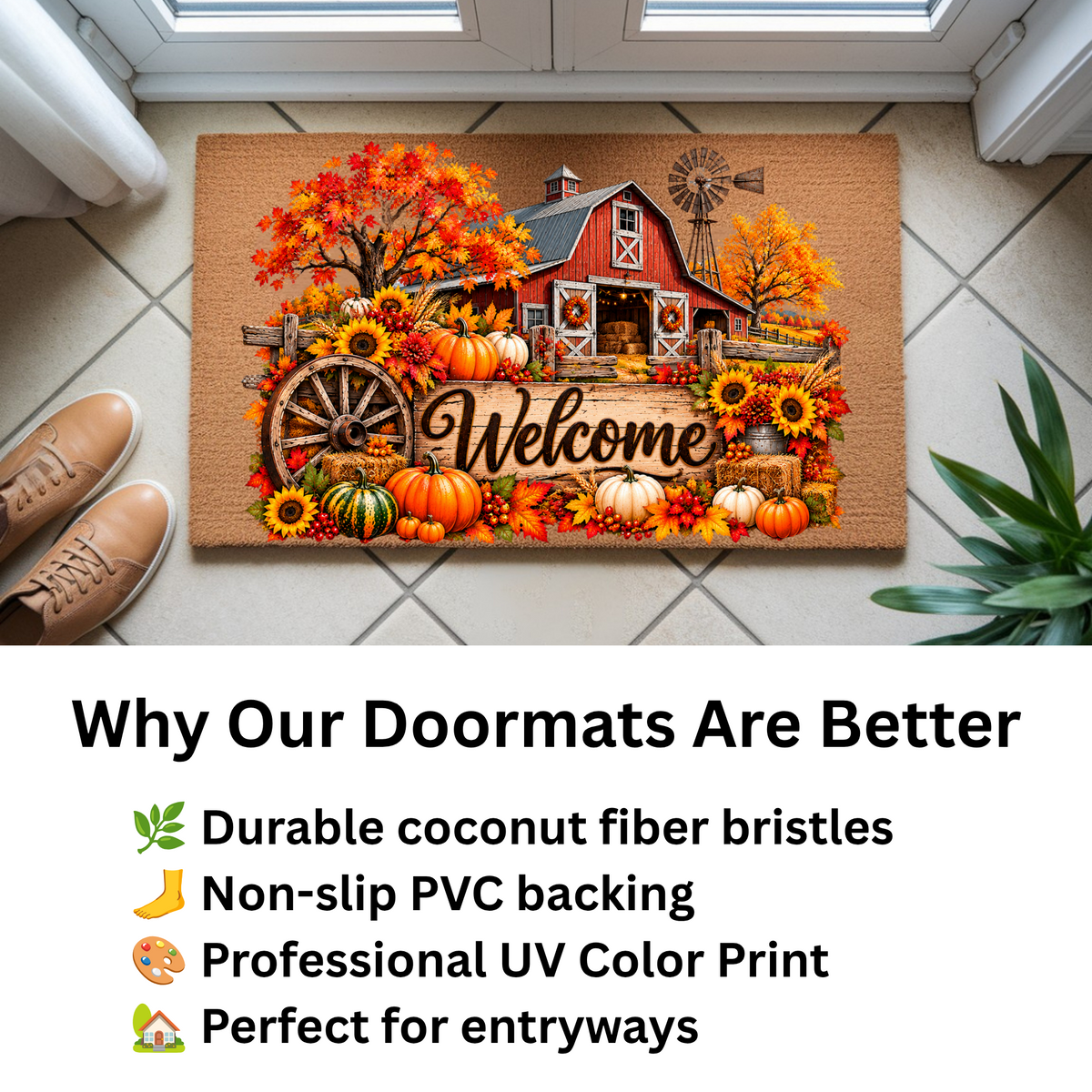 Fall Barn Welcome Doormat, Country Farmhouse Coir Mat, Autumn Pumpkin Door Mat, Harvest Porch Decor, Rustic Thanksgiving Welcome Mat